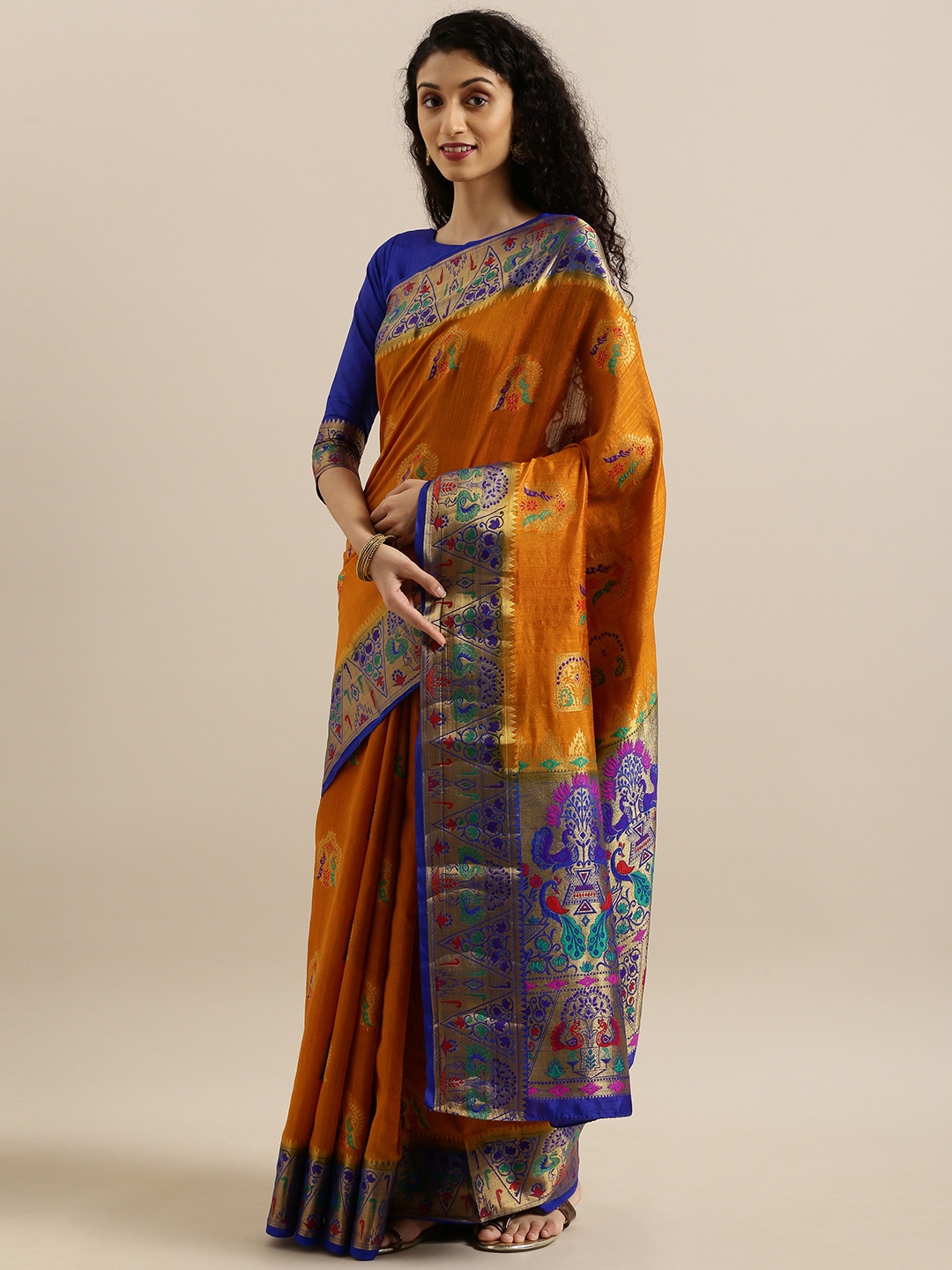 

MIMOSA Mustard Yellow & Navy Blue Art Silk Embellished Dharmavaram Saree