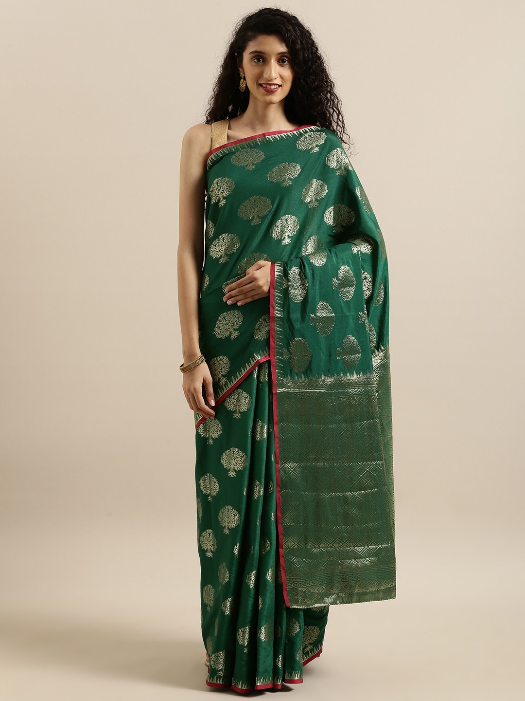

MIMOSA Green & Silver-Toned Art Silk Woven Design Kanjeevaram Saree