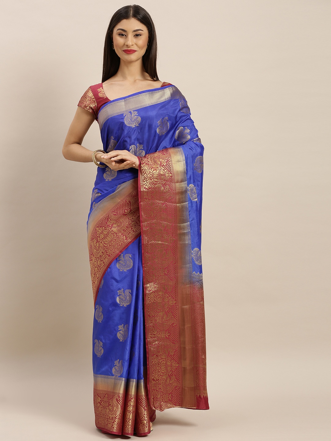

MIMOSA Blue & Gold-Toned Art Silk Woven Design Kanjeevaram Saree