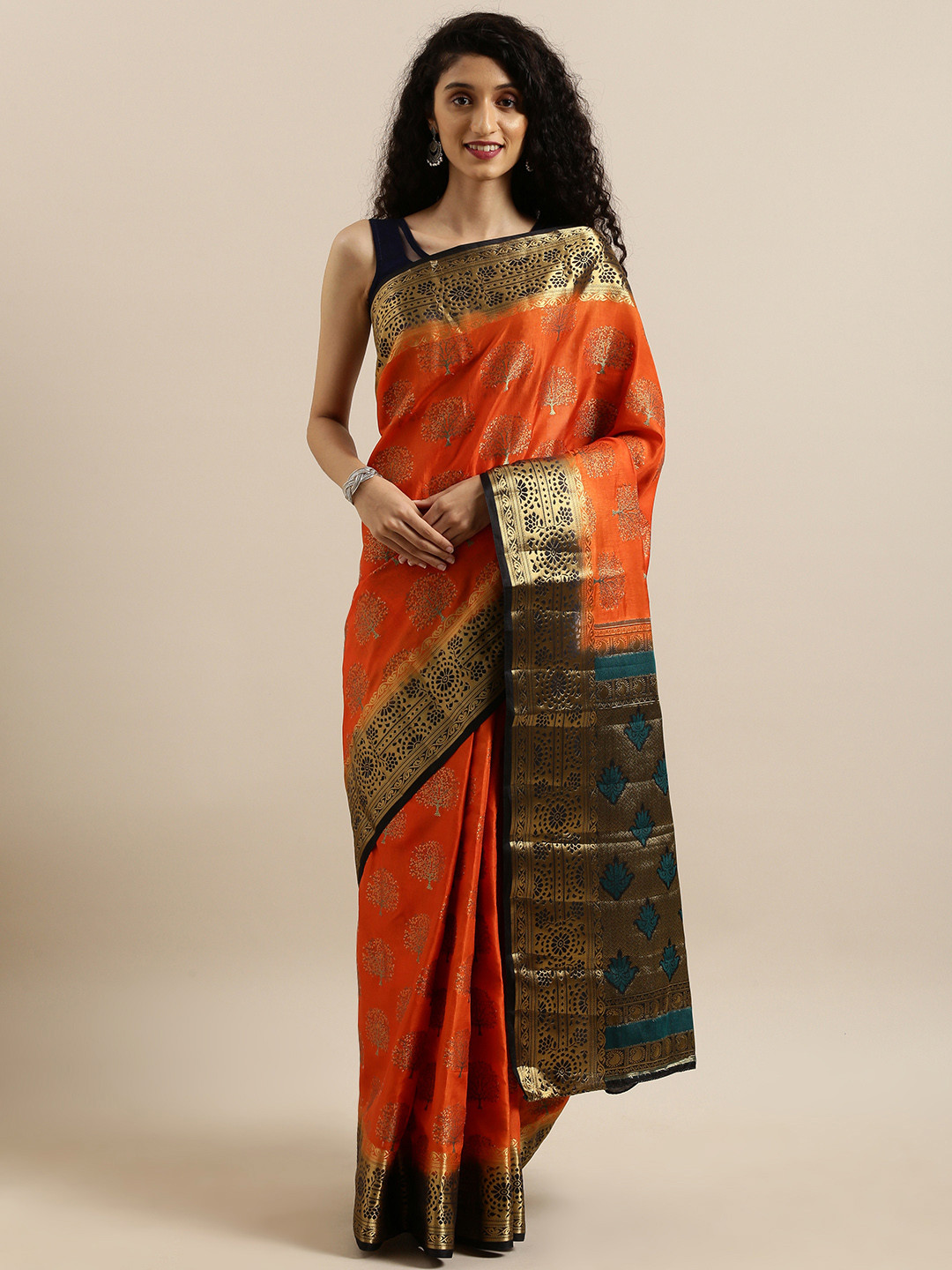 

MIMOSA Orange & Gold-Toned Art Silk Woven Design Kanjeevaram Saree