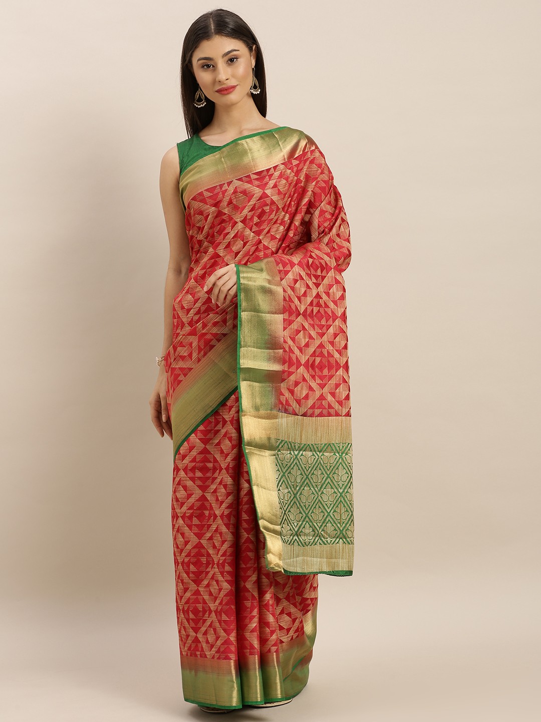 

MIMOSA Red & Green Art Silk Embellished Kanjeevaram Saree