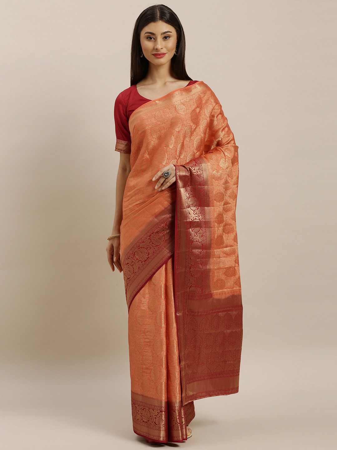 

MIMOSA Orange & Gold-Toned Art Silk Woven Design Kanjeevaram Saree