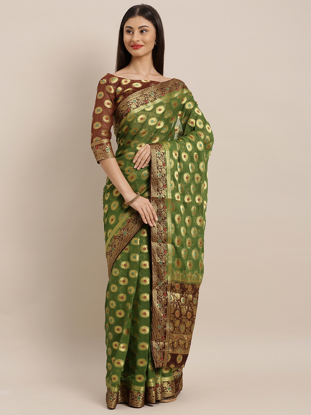 

MIMOSA Green & Burgundy Poly Chiffon Woven Design Banarasi Saree