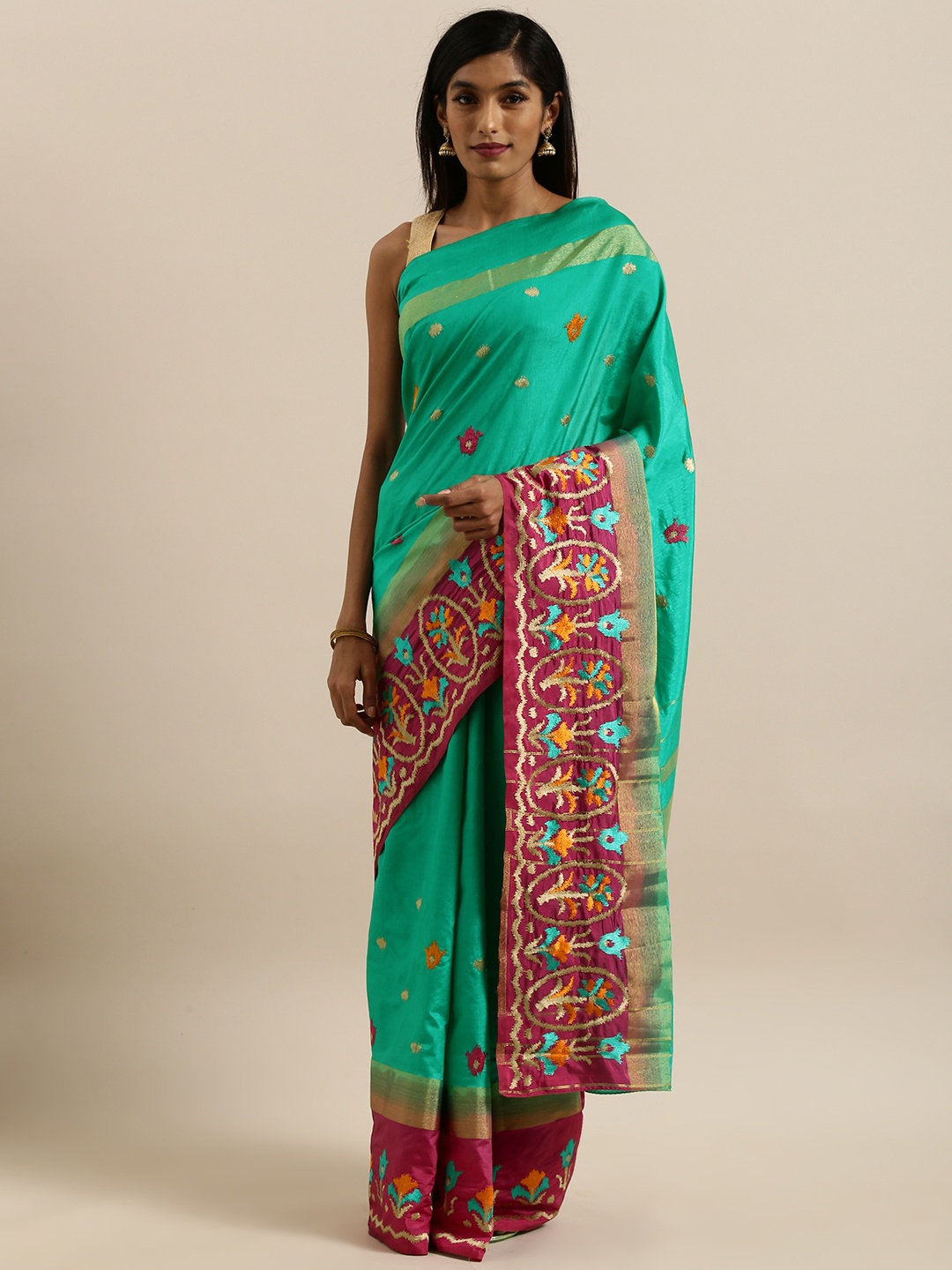 

MIMOSA Sea Green & Gold-Toned Art Silk Embroidered Kanjeevaram Saree