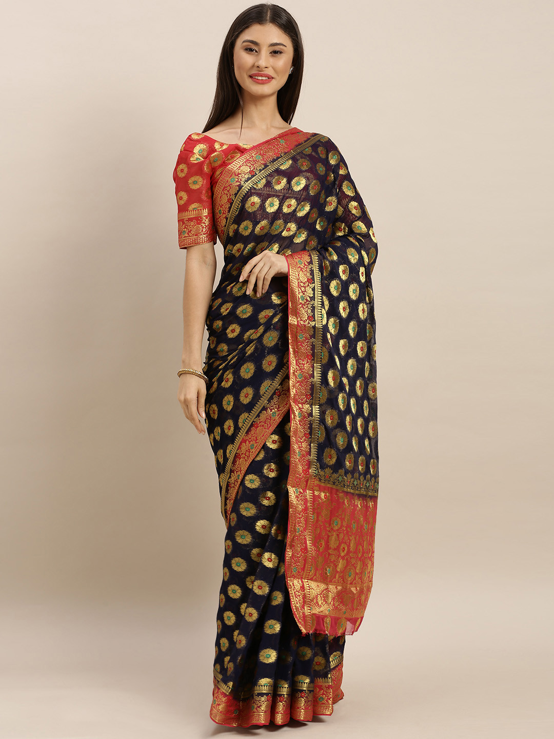 

MIMOSA Navy Blue & Gold-Toned Poly Chiffon Woven Design Banarasi Saree