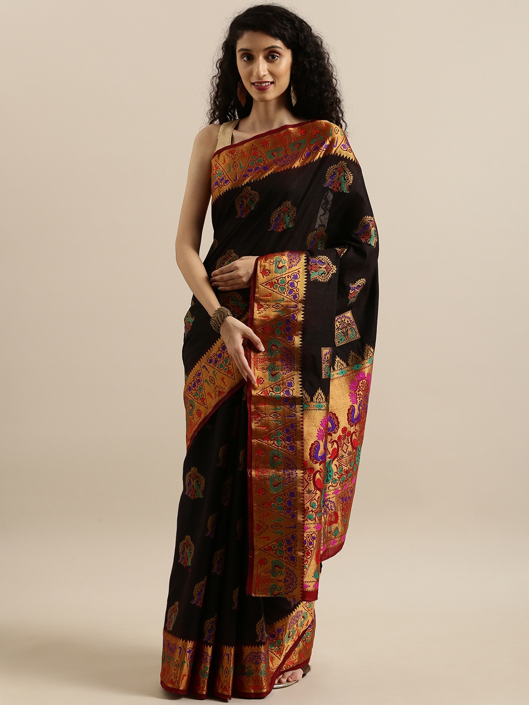 

MIMOSA Burgundy & Black Art Silk Embellished Dharmavaram Saree