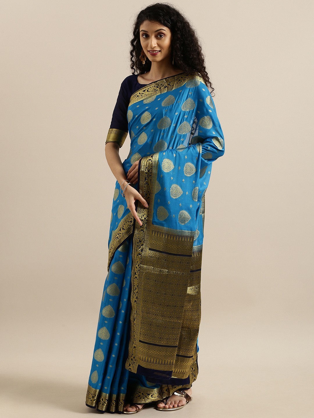 

MIMOSA Blue & Gold-Toned Poly Crepe Woven Design Mysore Silk Saree