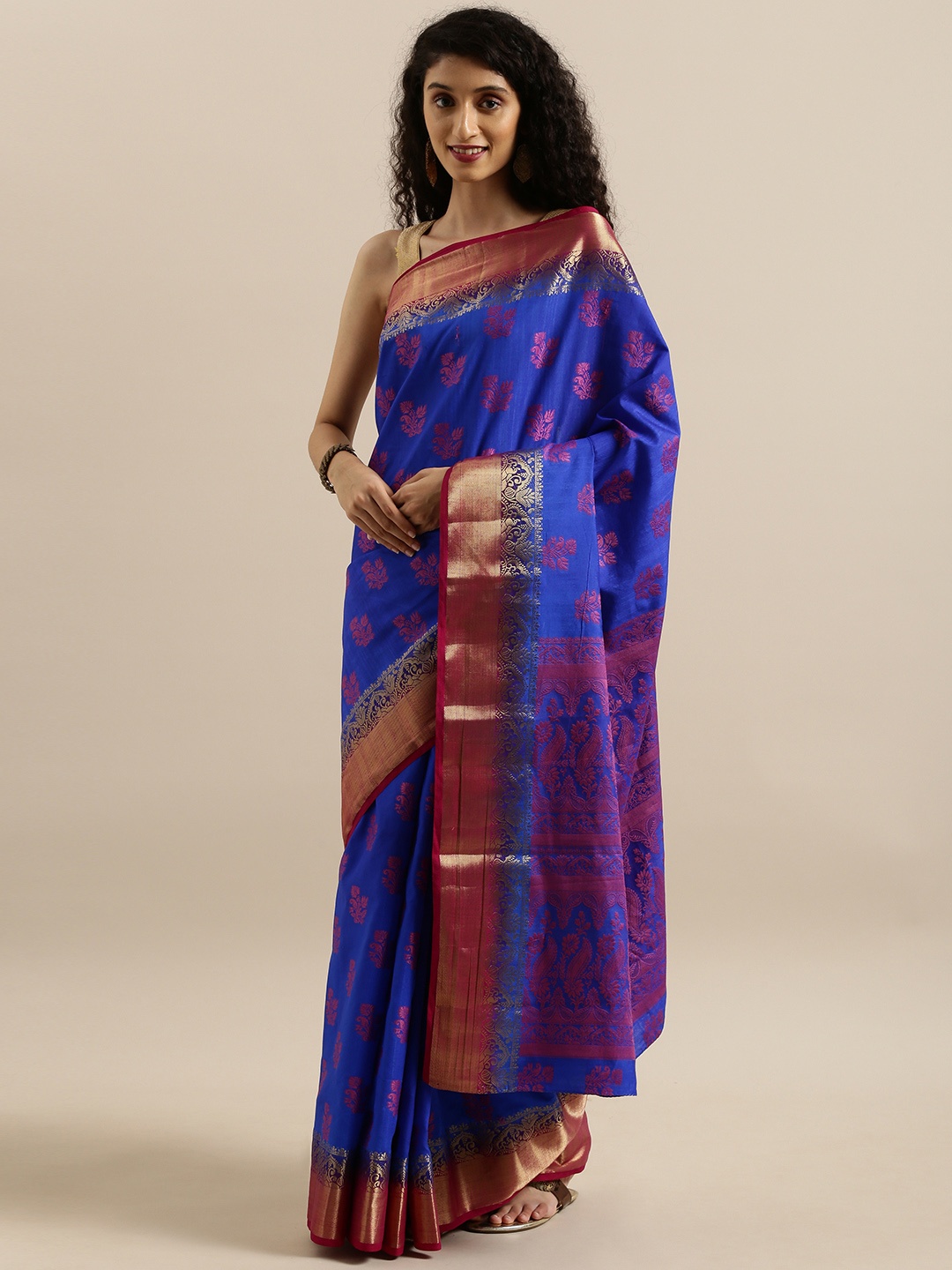 

MIMOSA Blue & Pink Art Silk Embellished Kanjeevaram Saree