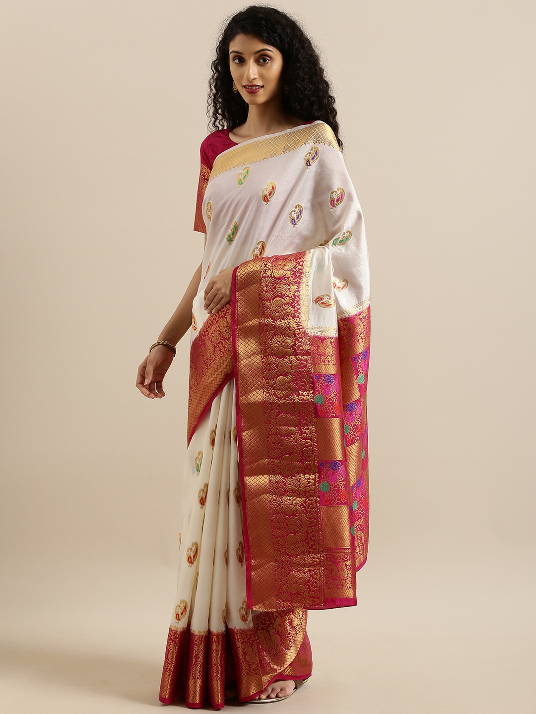 

MIMOSA Off-White & Red Art Silk Woven Design Dharmavaram Saree
