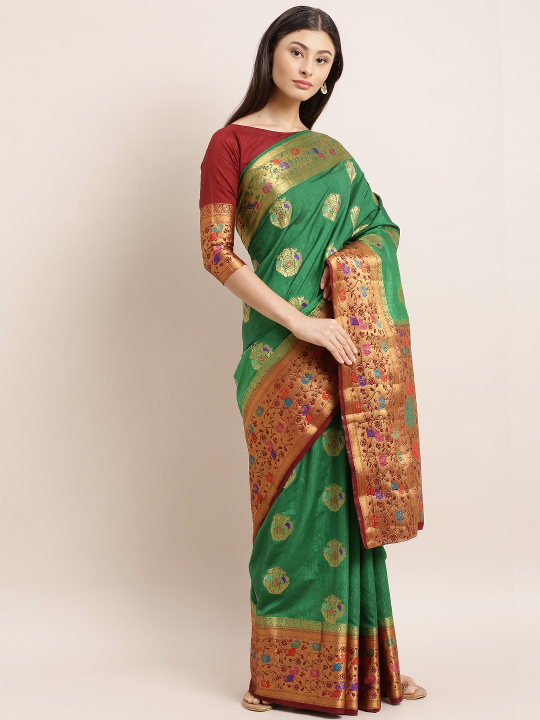 

MIMOSA Green & Red Art Silk Embellished Dharmavaram Saree