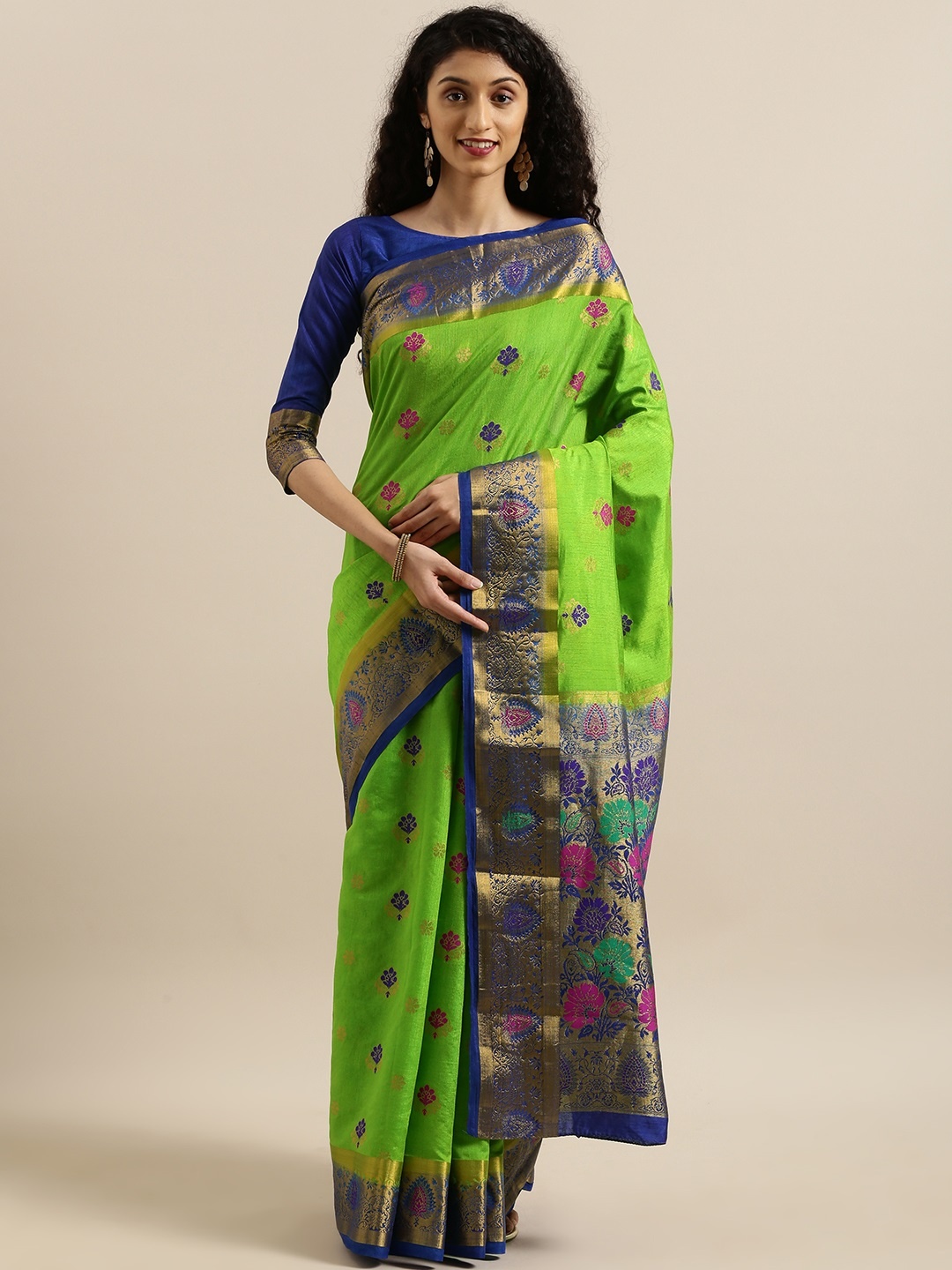 

MIMOSA Green & Blue Art Silk Ethnic Motifs Woven Design Dharmavaram Saree