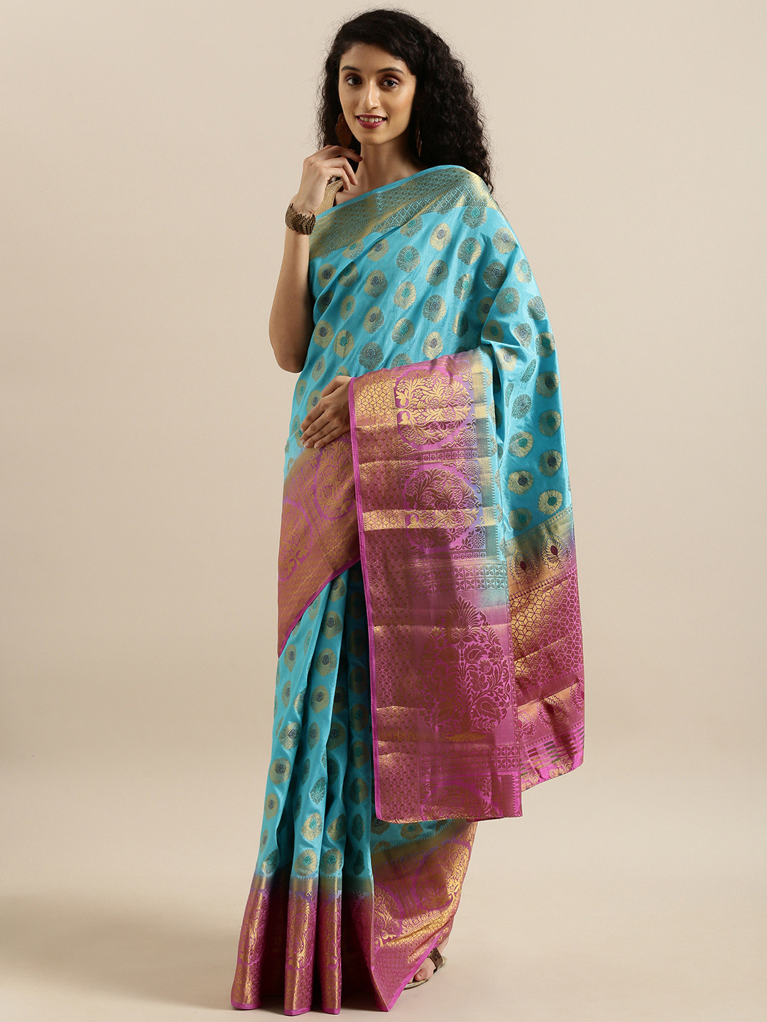 

MIMOSA Turquoise Blue & Gold-Toned Art Silk Embroidered Kanjeevaram Saree