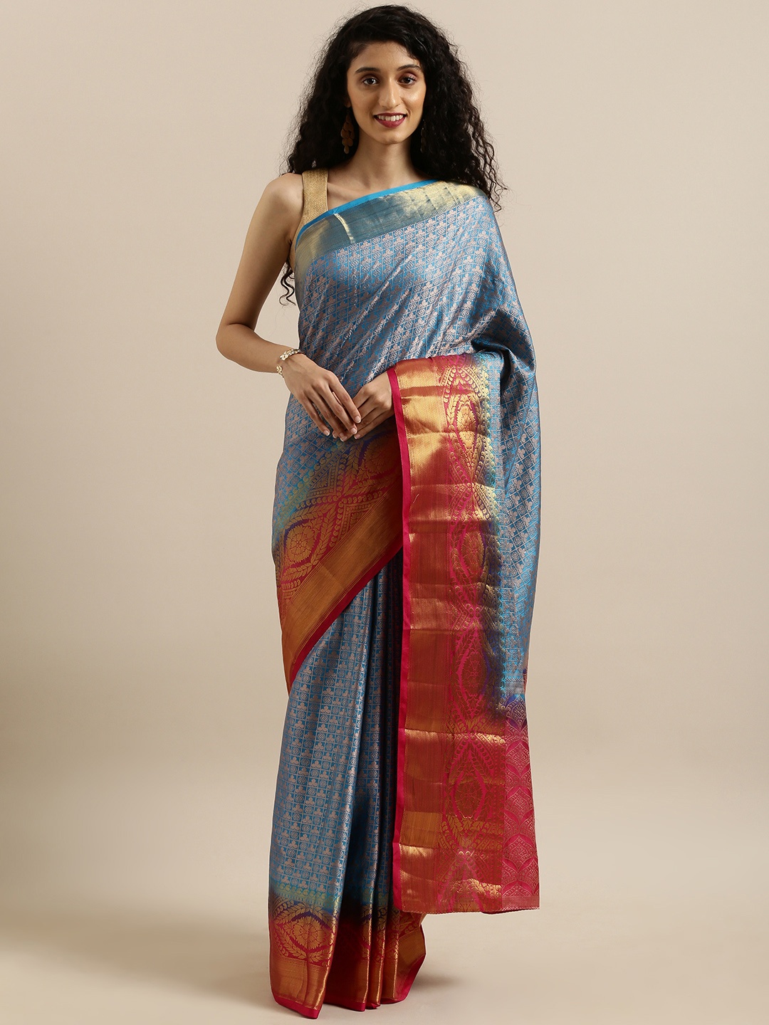 

MIMOSA Teal Blue & Silver-Toned Art Silk Woven Design Kanjeevaram Saree
