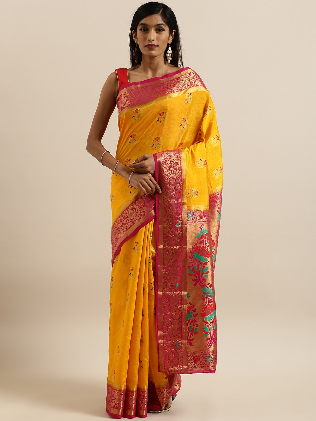 

MIMOSA Yellow & Gold-Toned Art Silk Woven Design Dharmavaram Saree