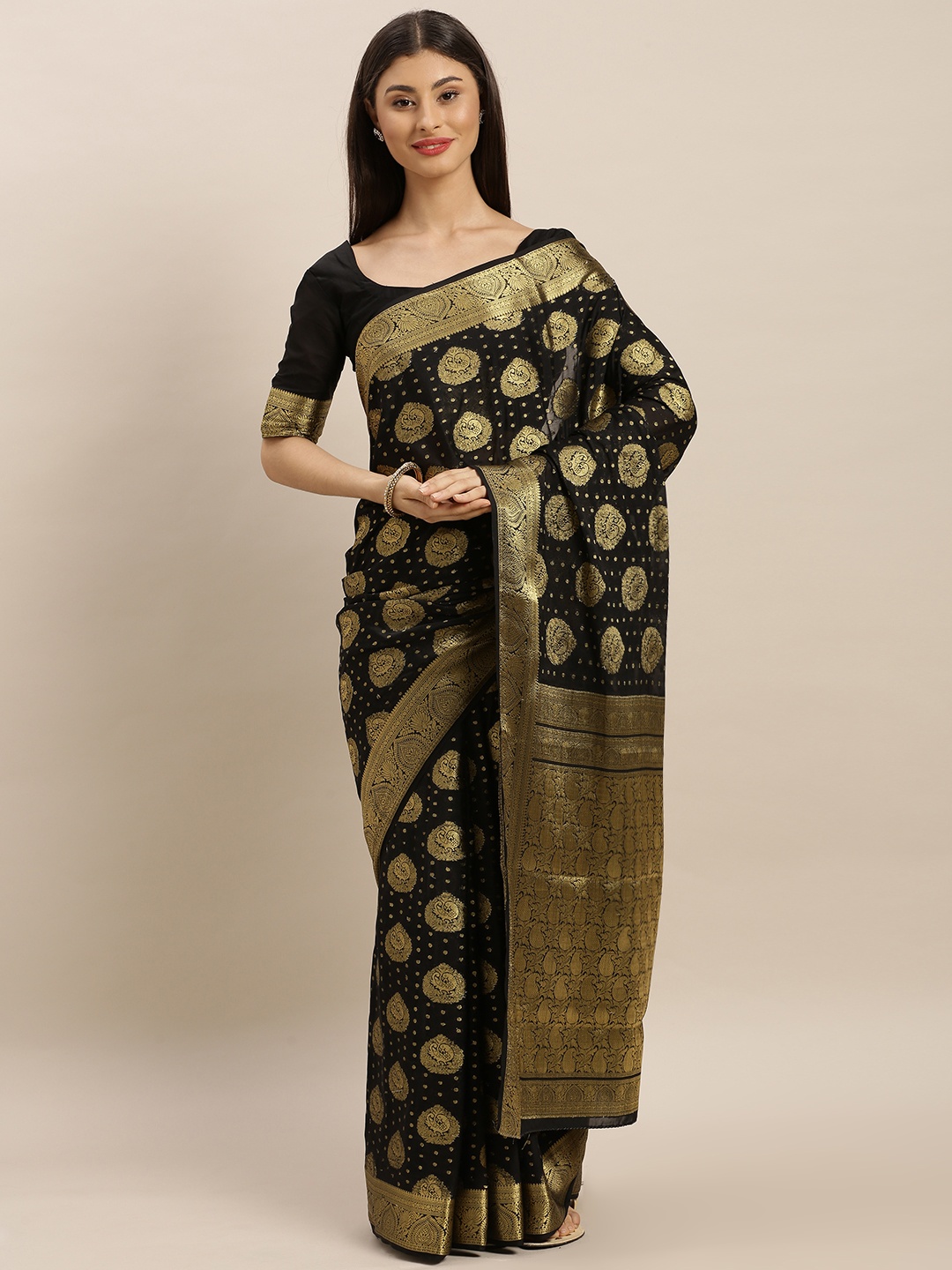 

MIMOSA Black & Gold-Toned Poly Crepe Embellished Mysore Silk Saree