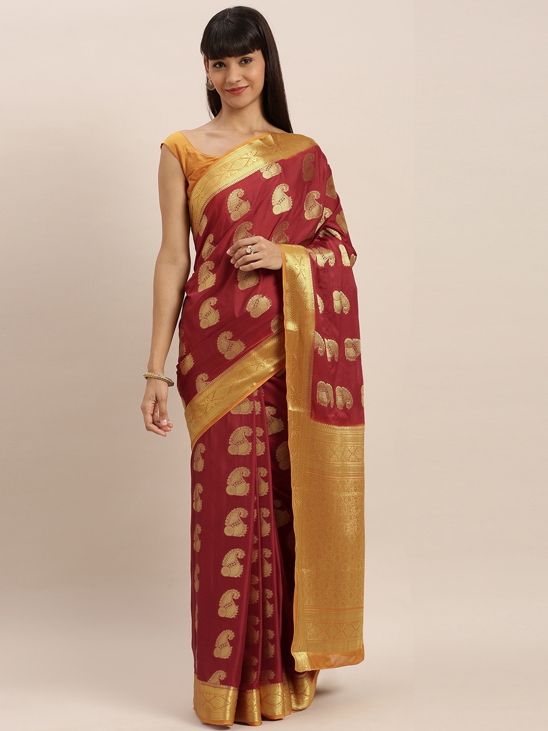 

MIMOSA Maroon & Mustard Poly Crepe Woven Design Mysore Silk Saree