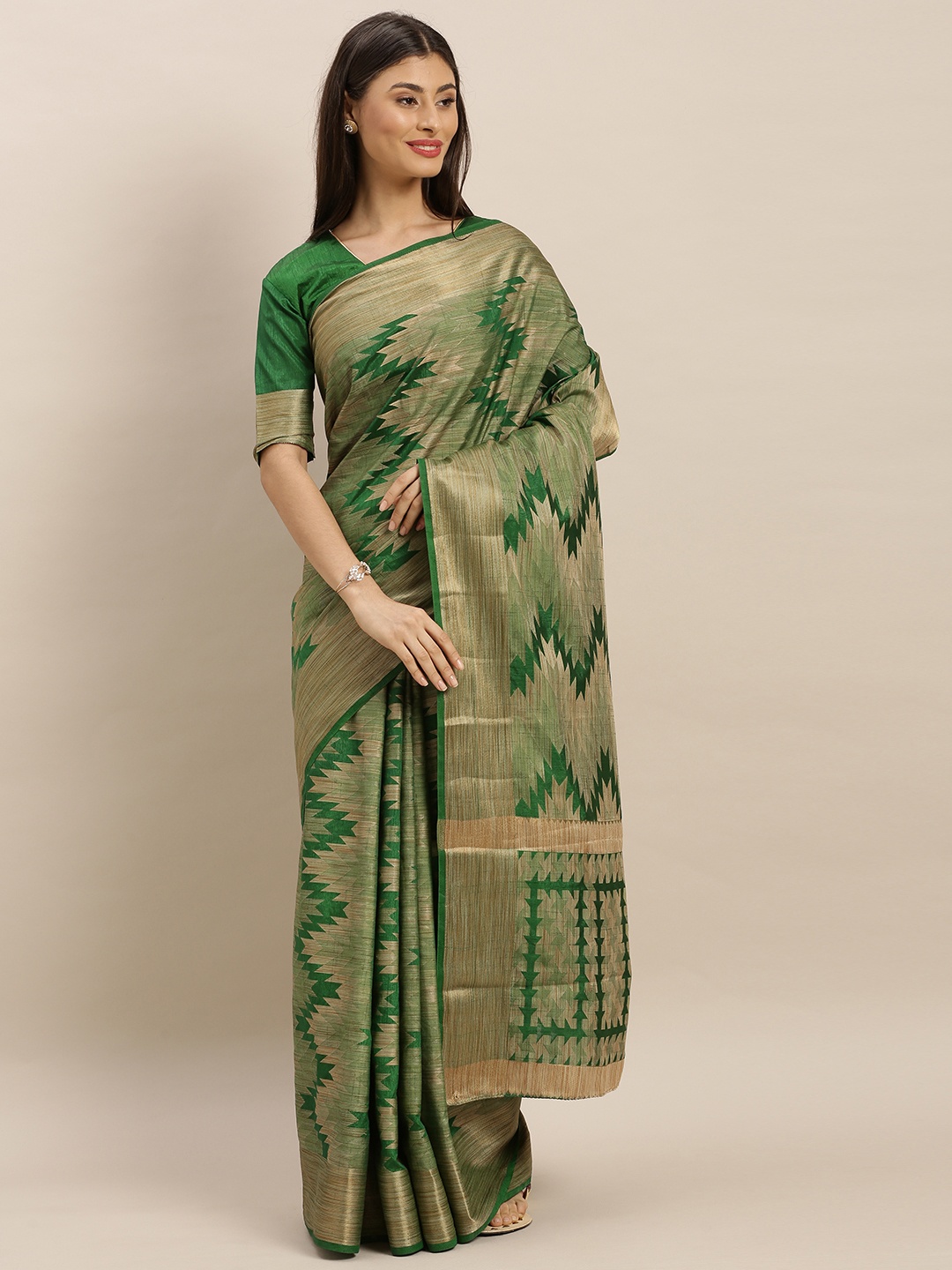 

MIMOSA Green & Beige Art Silk Woven Design Kanjeevaram Saree