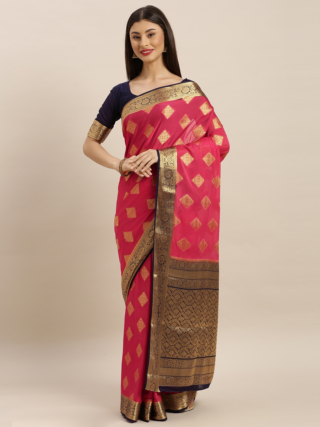 

MIMOSA Coral Red & Gold-Coloured Poly Crepe Woven Design Mysore Silk Saree