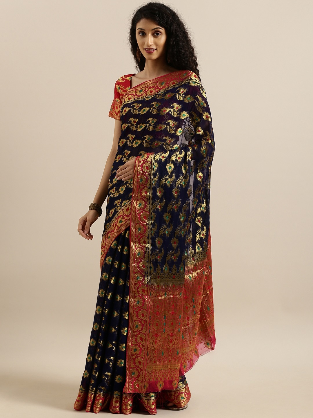 

MIMOSA Navy Blue & Golden Poly Chiffon Embroidered Banarasi Saree