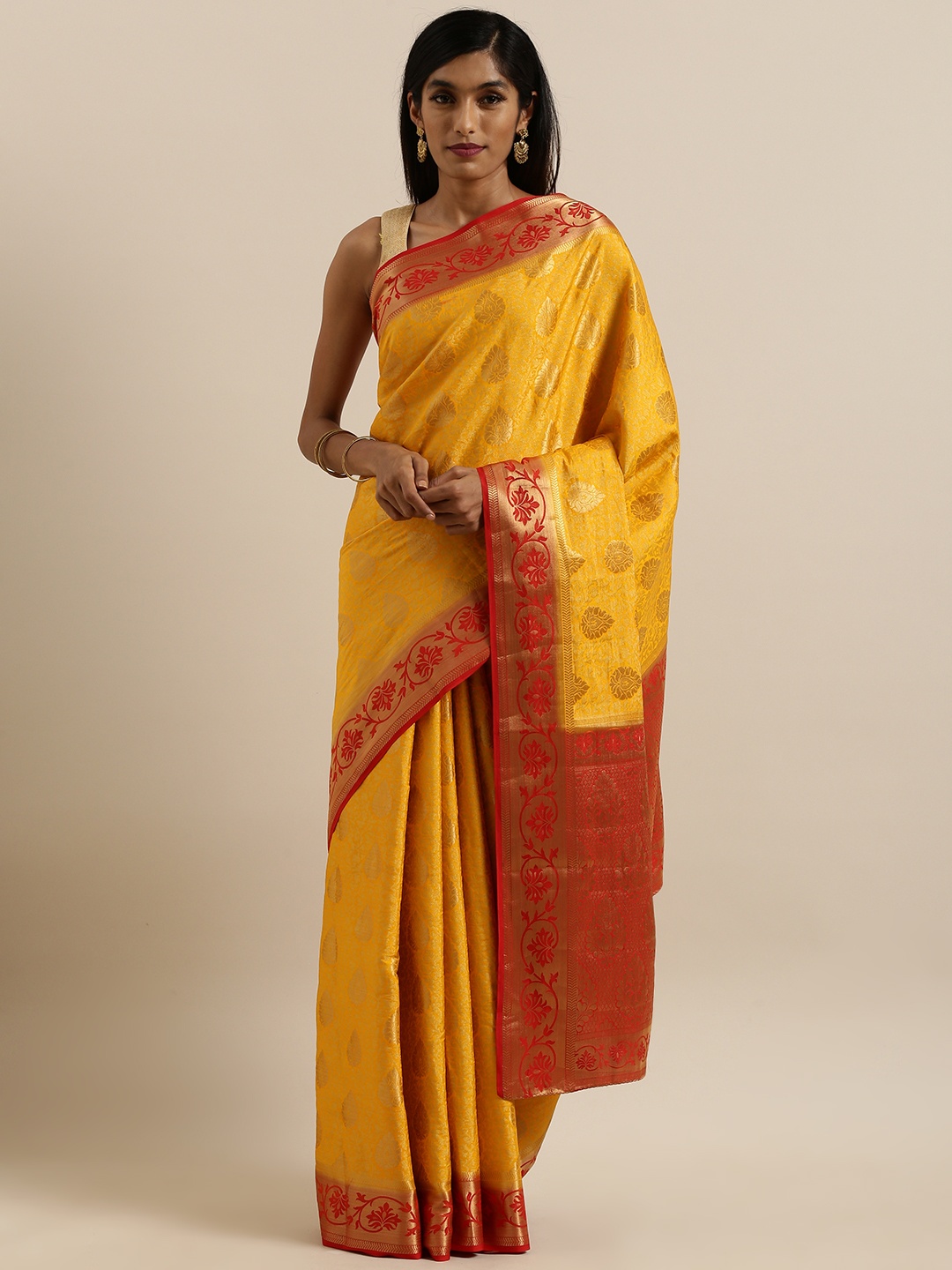 

MIMOSA Mustard Yellow & Red Art Silk Woven Design Kanjeevaram Saree