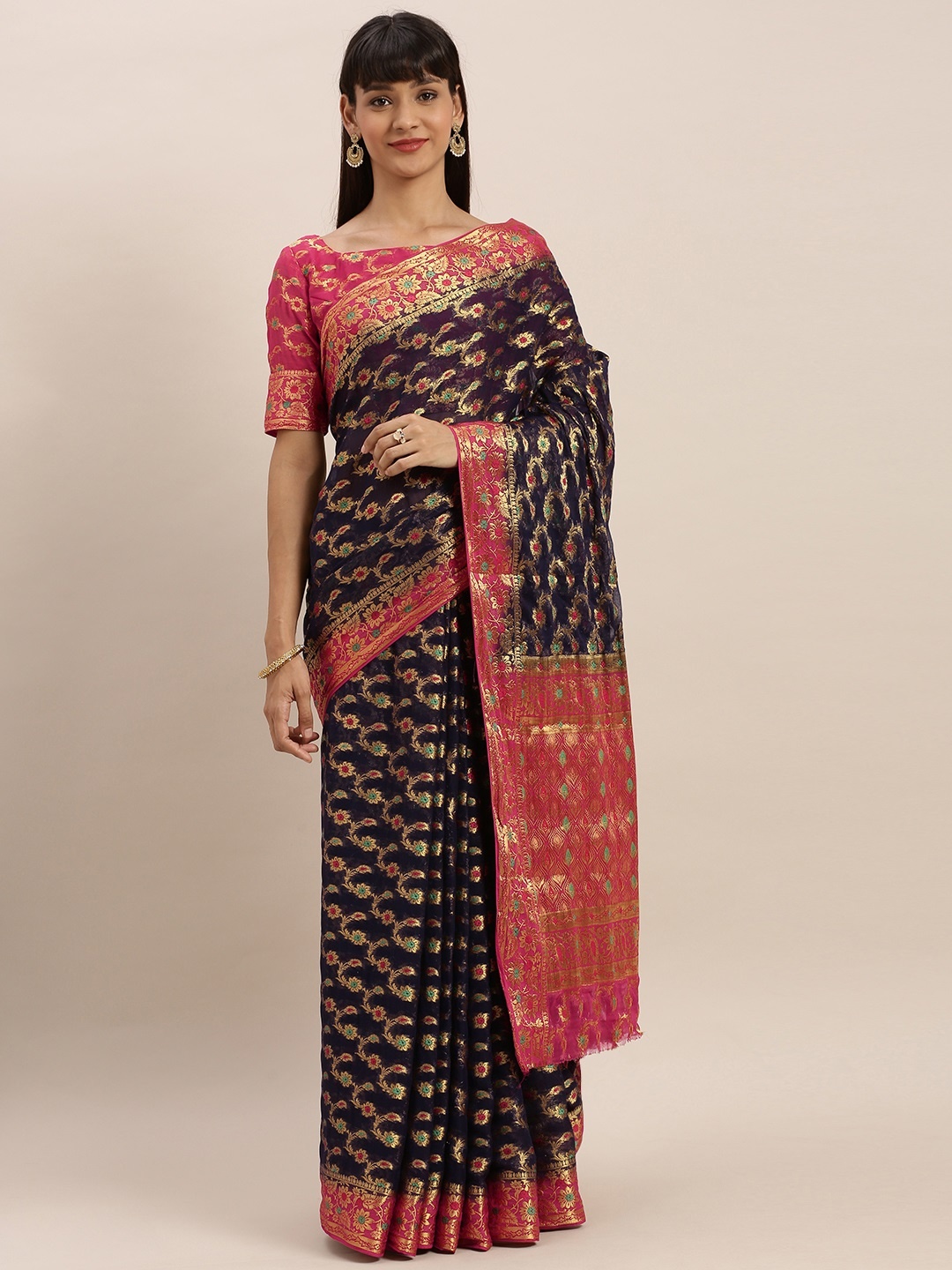 

MIMOSA Navy Blue & Gold-Toned Poly Chiffon Embellished Banarasi Saree