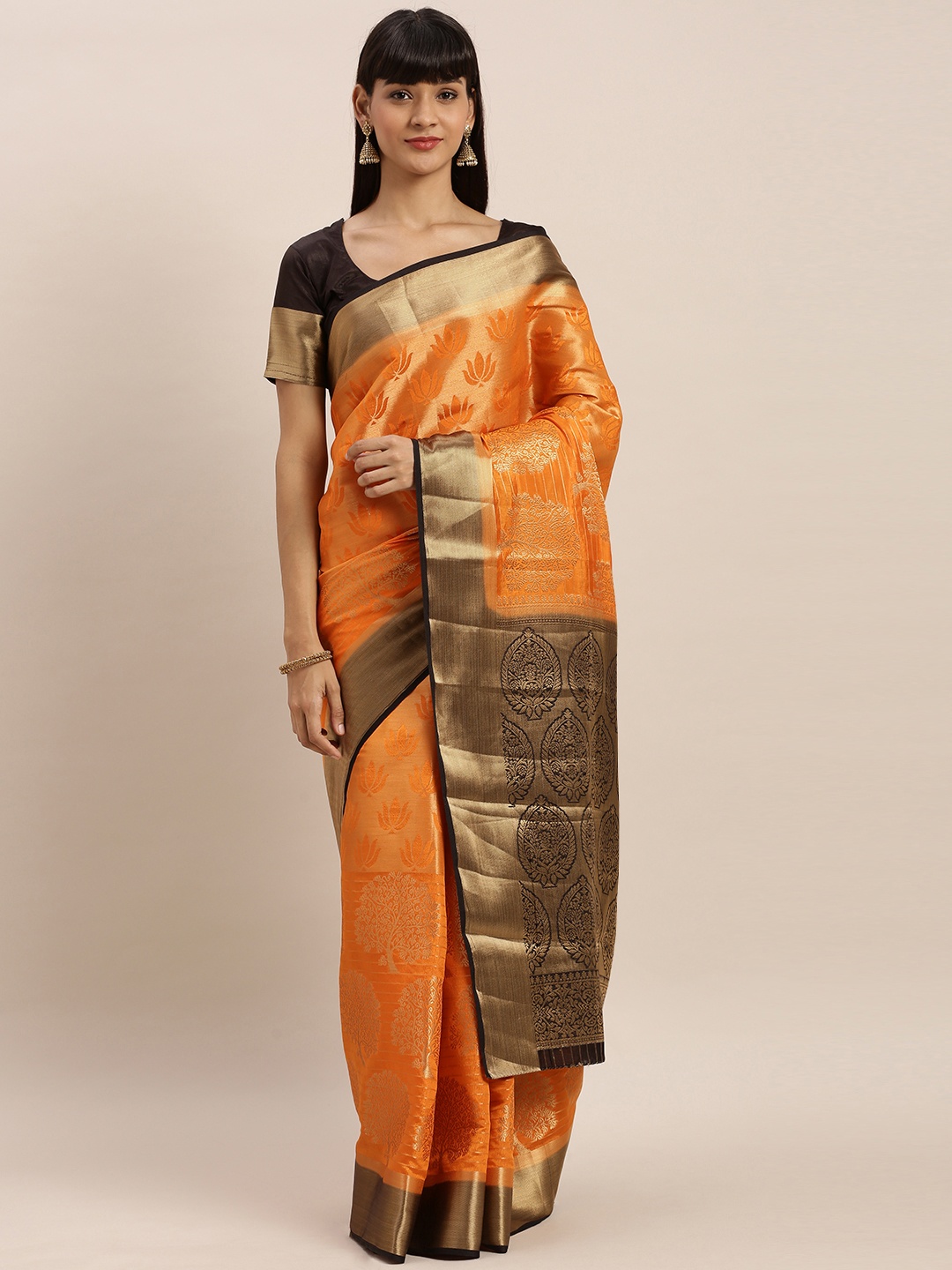 

MIMOSA Orange & Gold-Coloured Art Silk Woven Design Kanjeevaram Saree