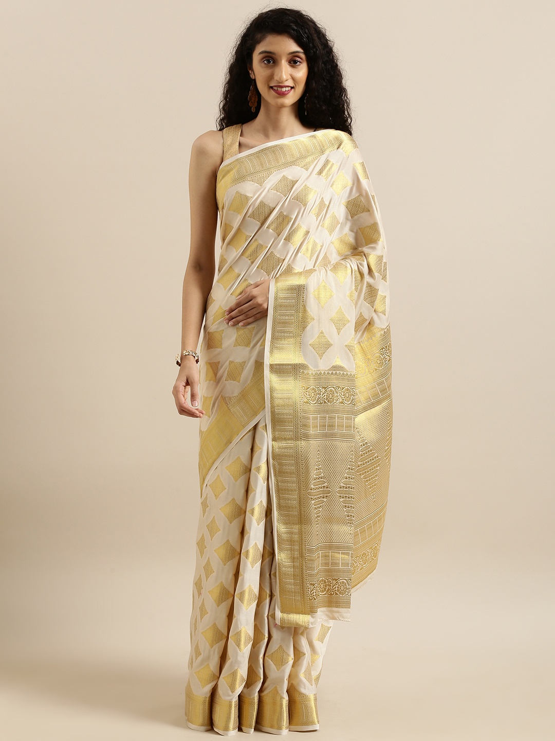 

MIMOSA Off-White & Gold-Toned Poly Crepe Woven Design Mysore Silk Saree