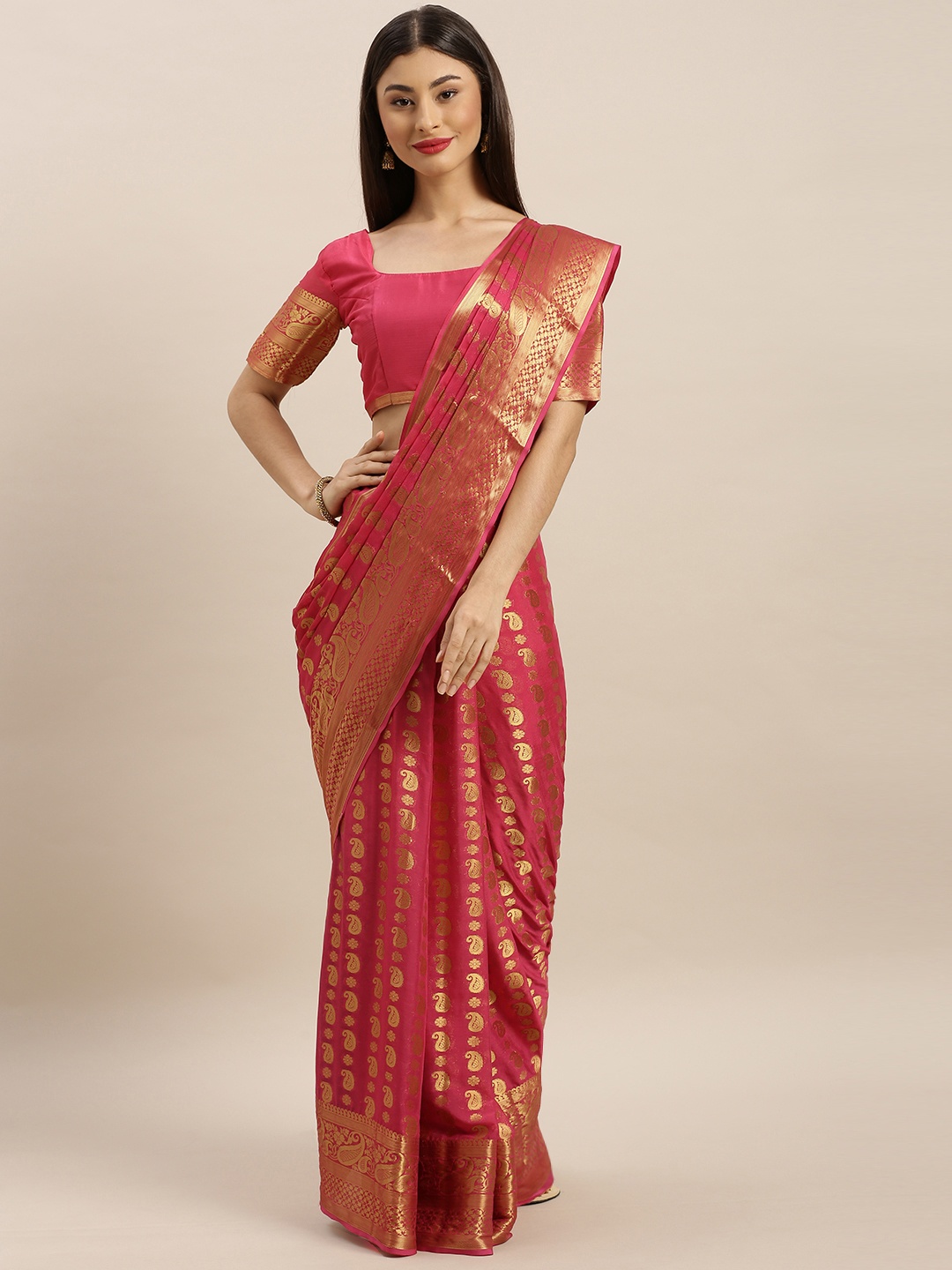 

MIMOSA Pink & Gold-Coloured Poly Chiffon Woven Design Banarasi Saree