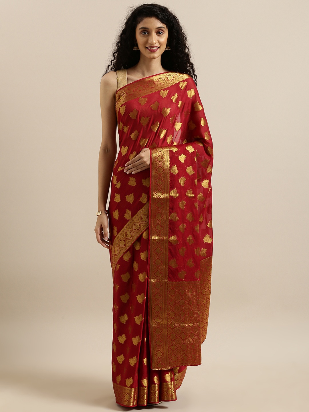 

MIMOSA Maroon & Gold-Toned Poly Chiffon Woven Design Banarasi Saree