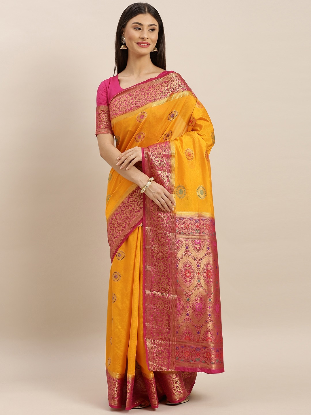 

MIMOSA Mustard Yellow & Red Art Silk Woven Design Dharmavaram Saree