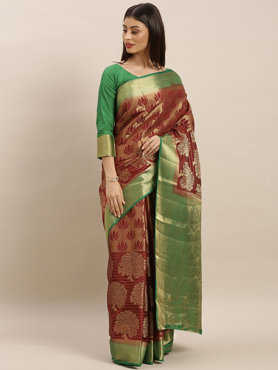 

MIMOSA Brown & Green Art Silk Woven Design Kanjeevaram Saree