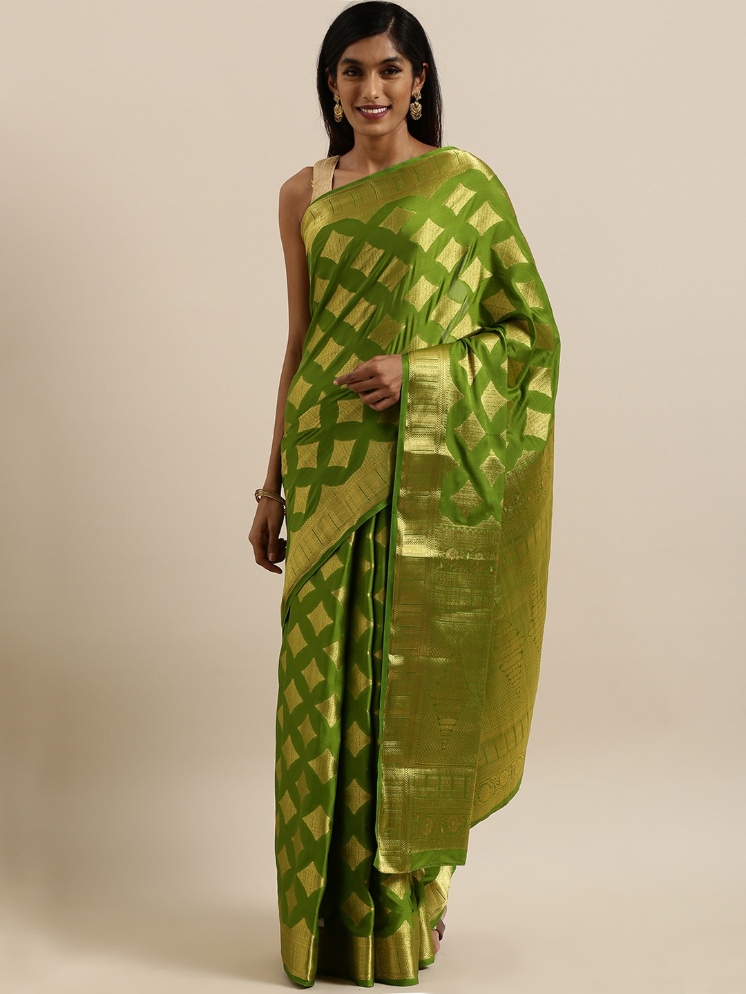 

MIMOSA Green & Gold-Coloured Poly Crepe Woven Design Mysore Silk Saree