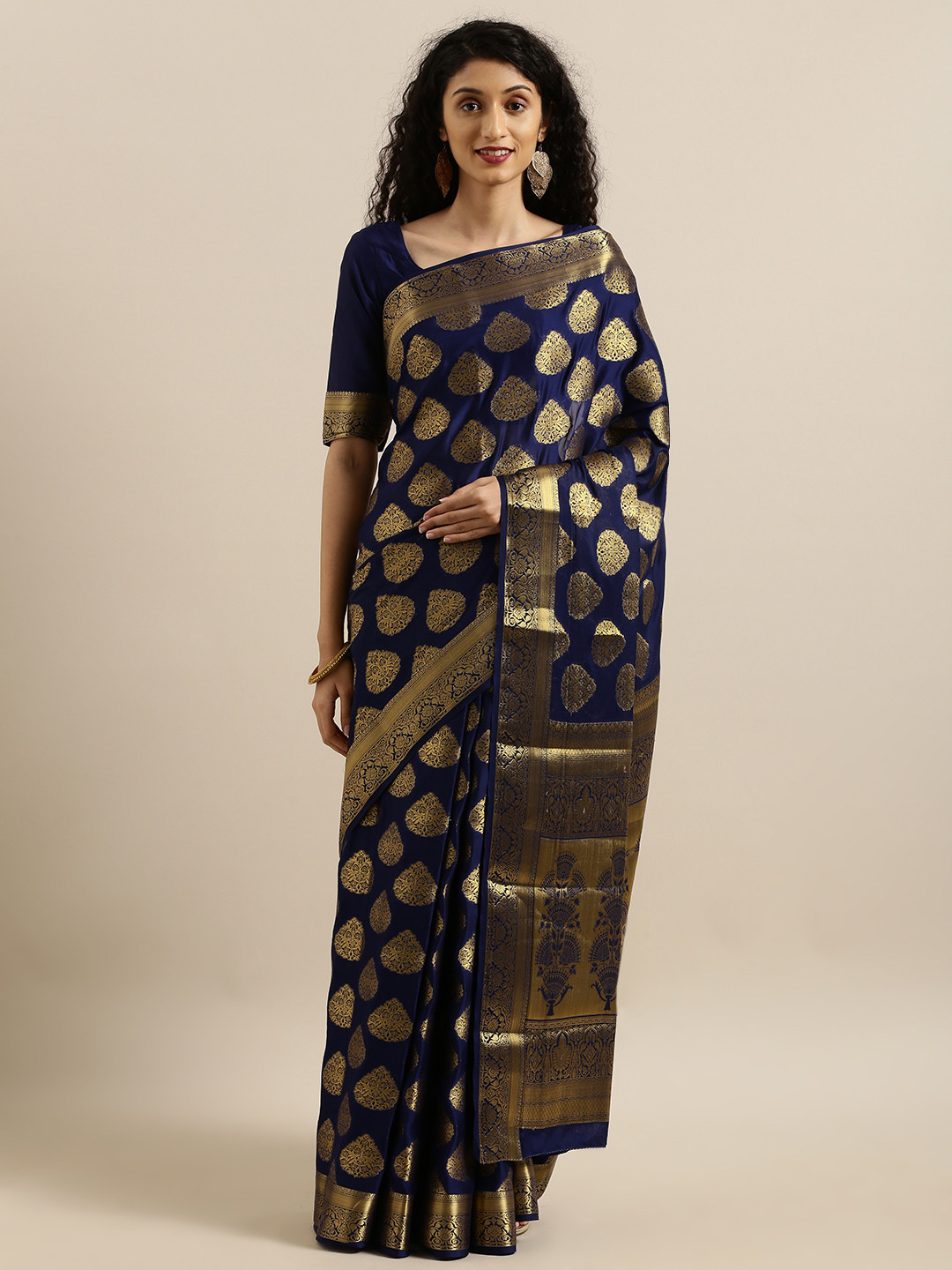 

MIMOSA Navy Blue & Gold-Toned Poly Crepe Woven Design Mysore Silk Saree