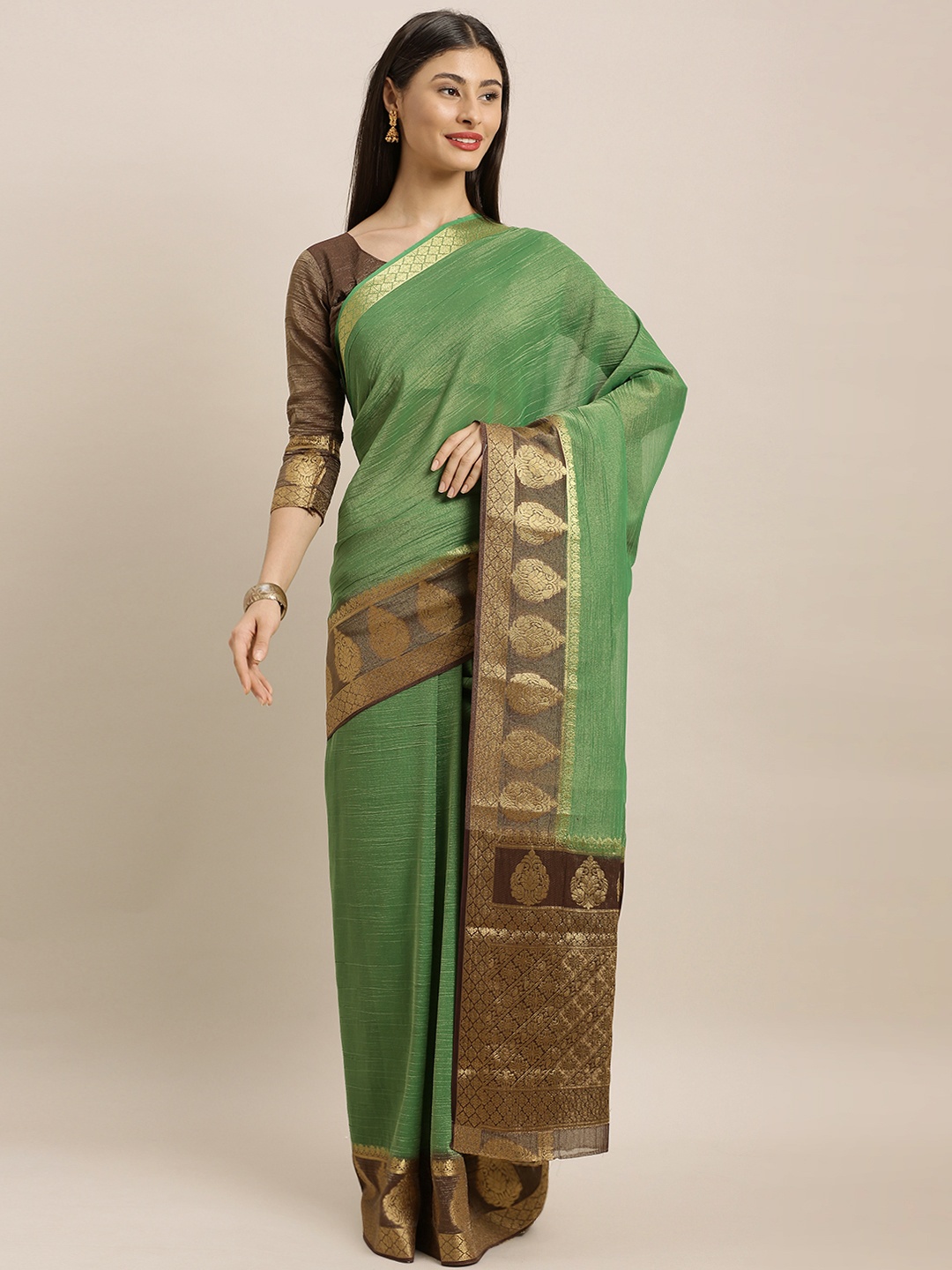 

MIMOSA Green Art Silk Solid Kanjeevaram Saree