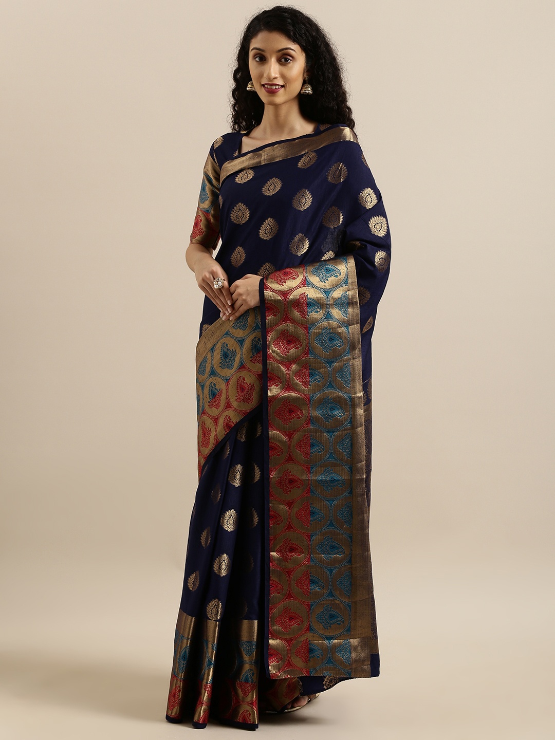 

MIMOSA Navy Blue Art Silk Woven Design Kanjeevaram Saree