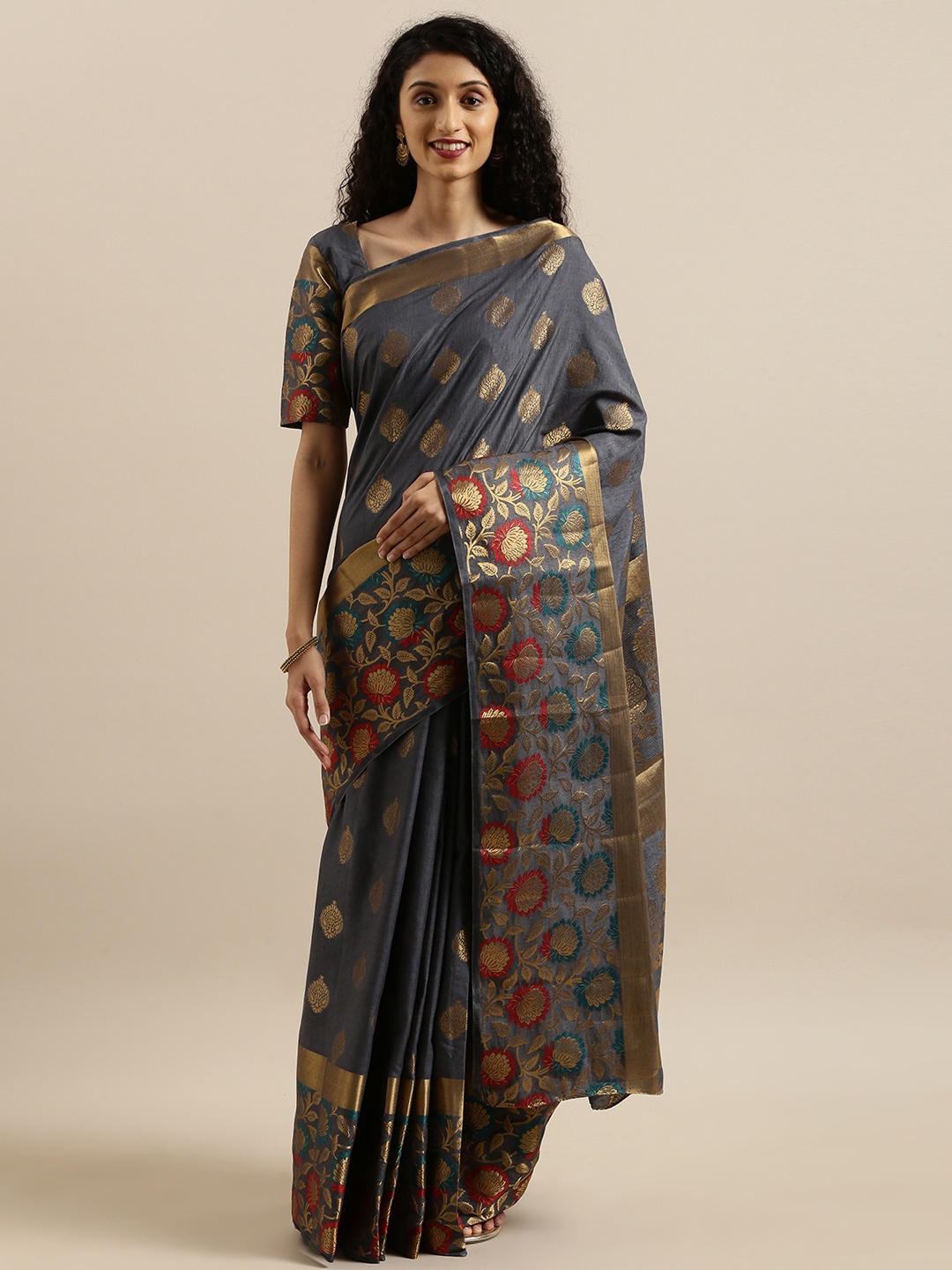 

MIMOSA Charcoal Grey & Gold-Toned Art Silk Woven Design Kanjeevaram Saree