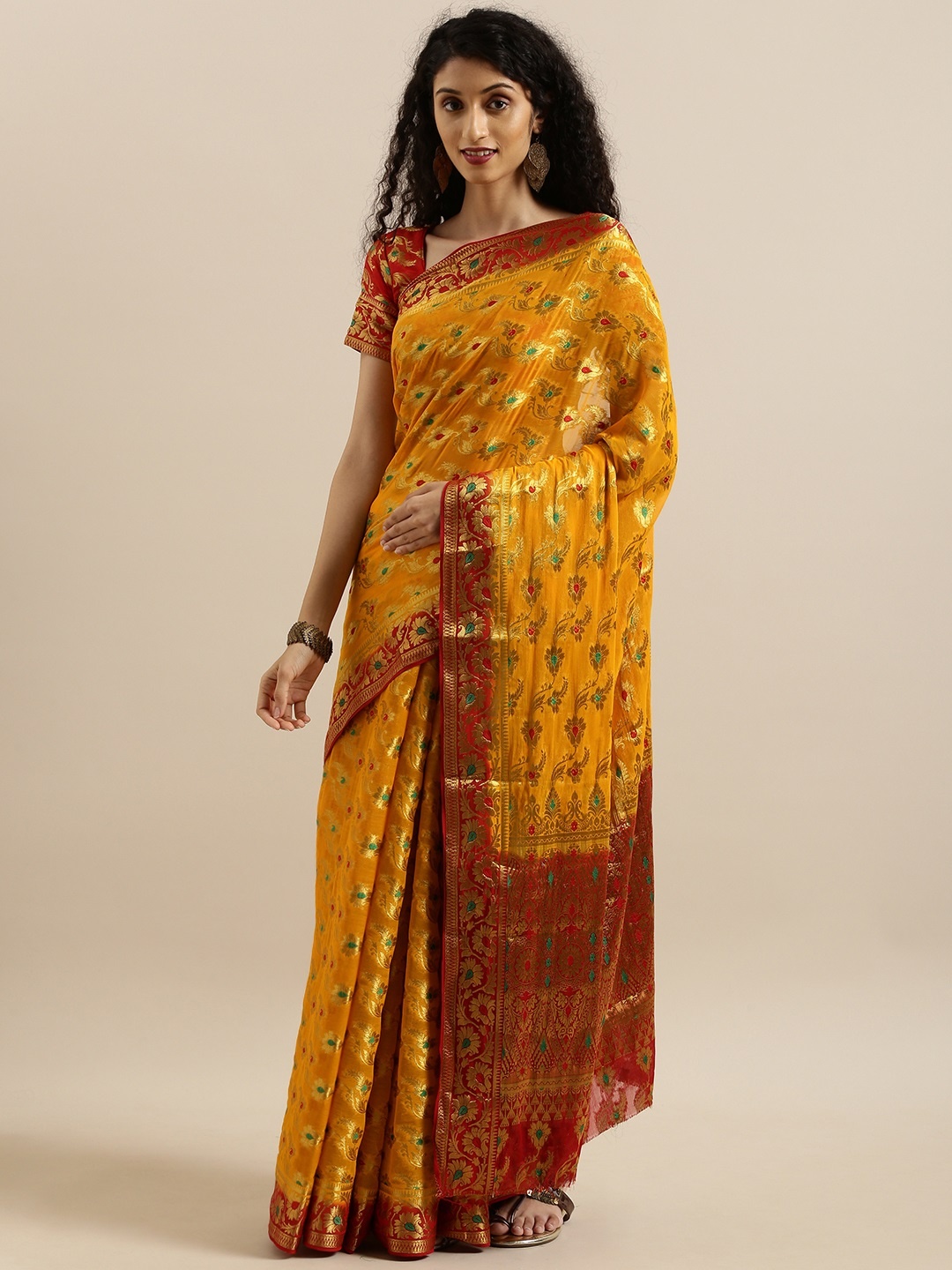 

MIMOSA Mustard Yellow Poly Chiffon Woven Design Banarasi Saree