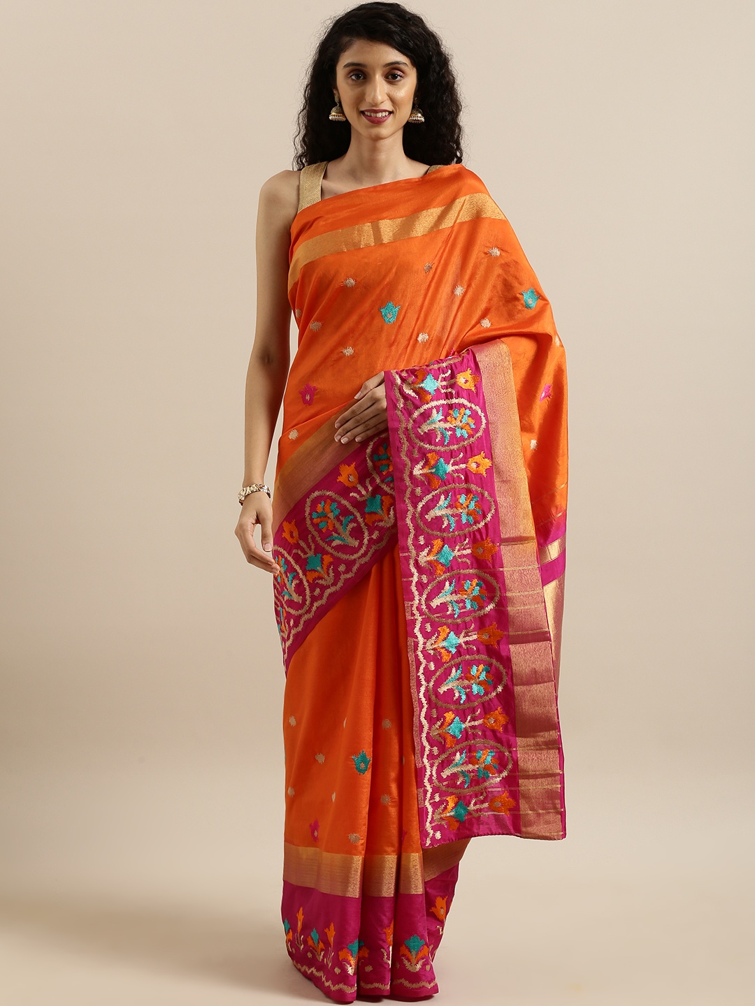 

MIMOSA Orange & Pink Art Silk Embroidered Kanjeevaram Saree
