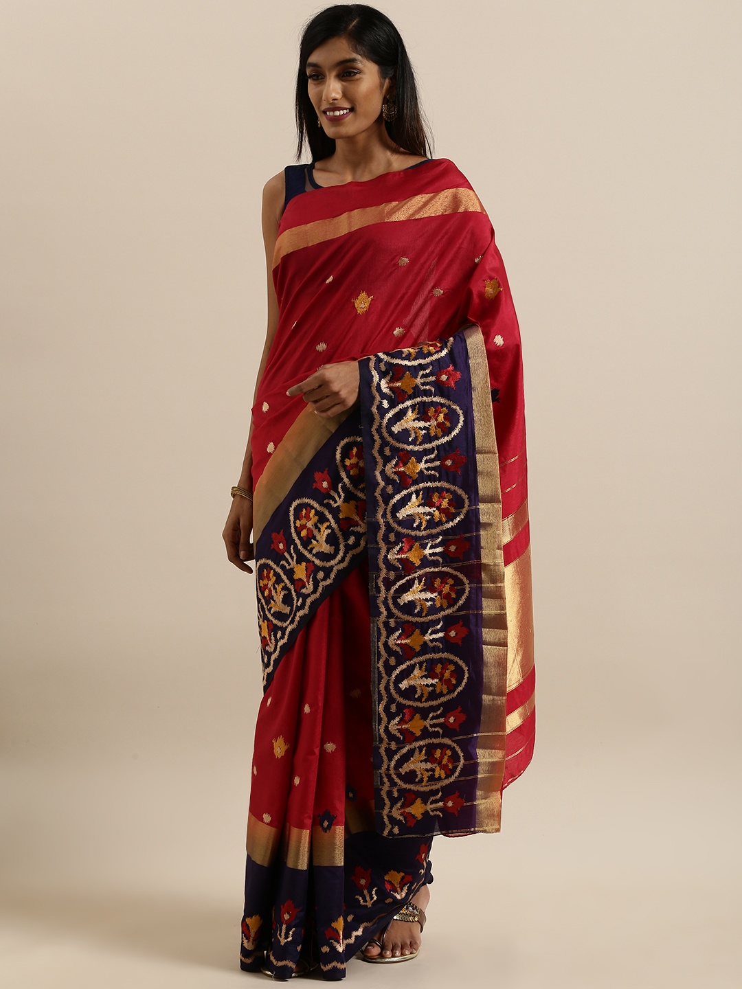 

MIMOSA Red & Gold-Toned Art Silk Embroidered Kanjeevaram Saree