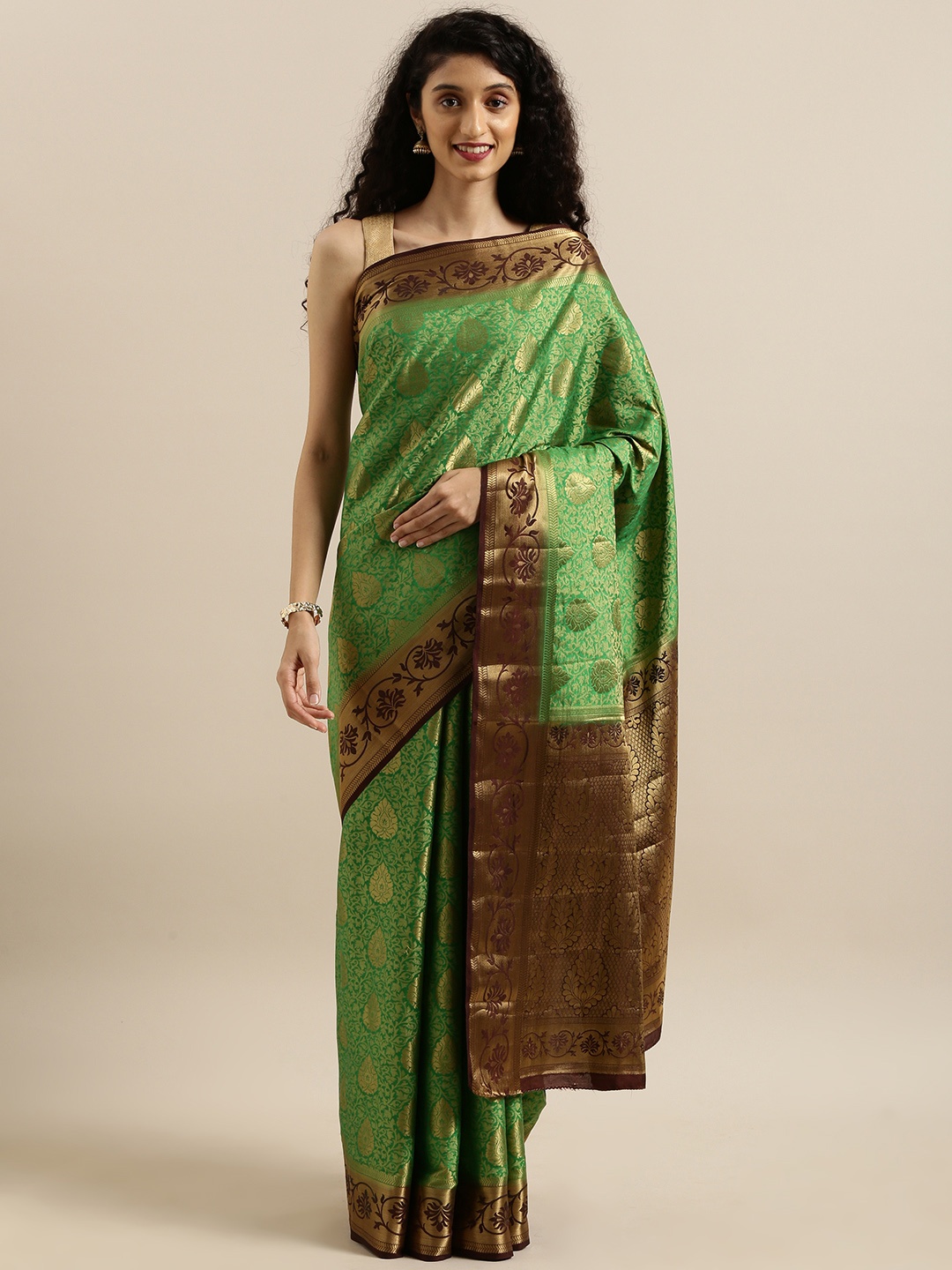 MIMOSA Green & Brown Art Silk Woven Design Kanjeevaram Saree
