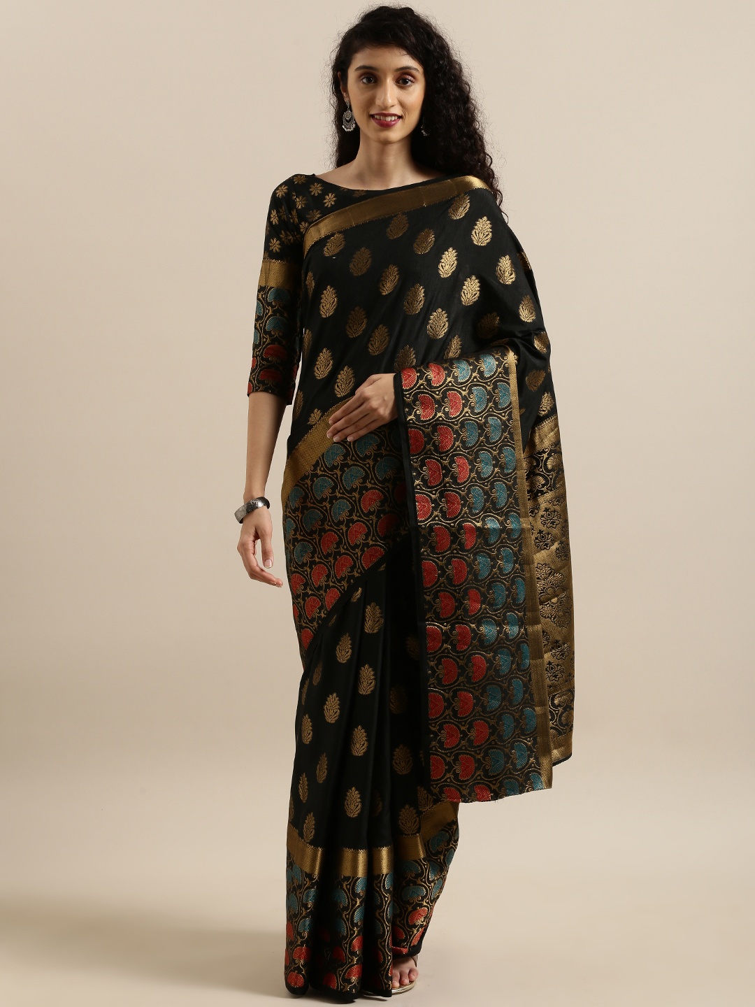 

MIMOSA Black & Gold-Toned Art Silk Woven Design Kanjeevaram Saree