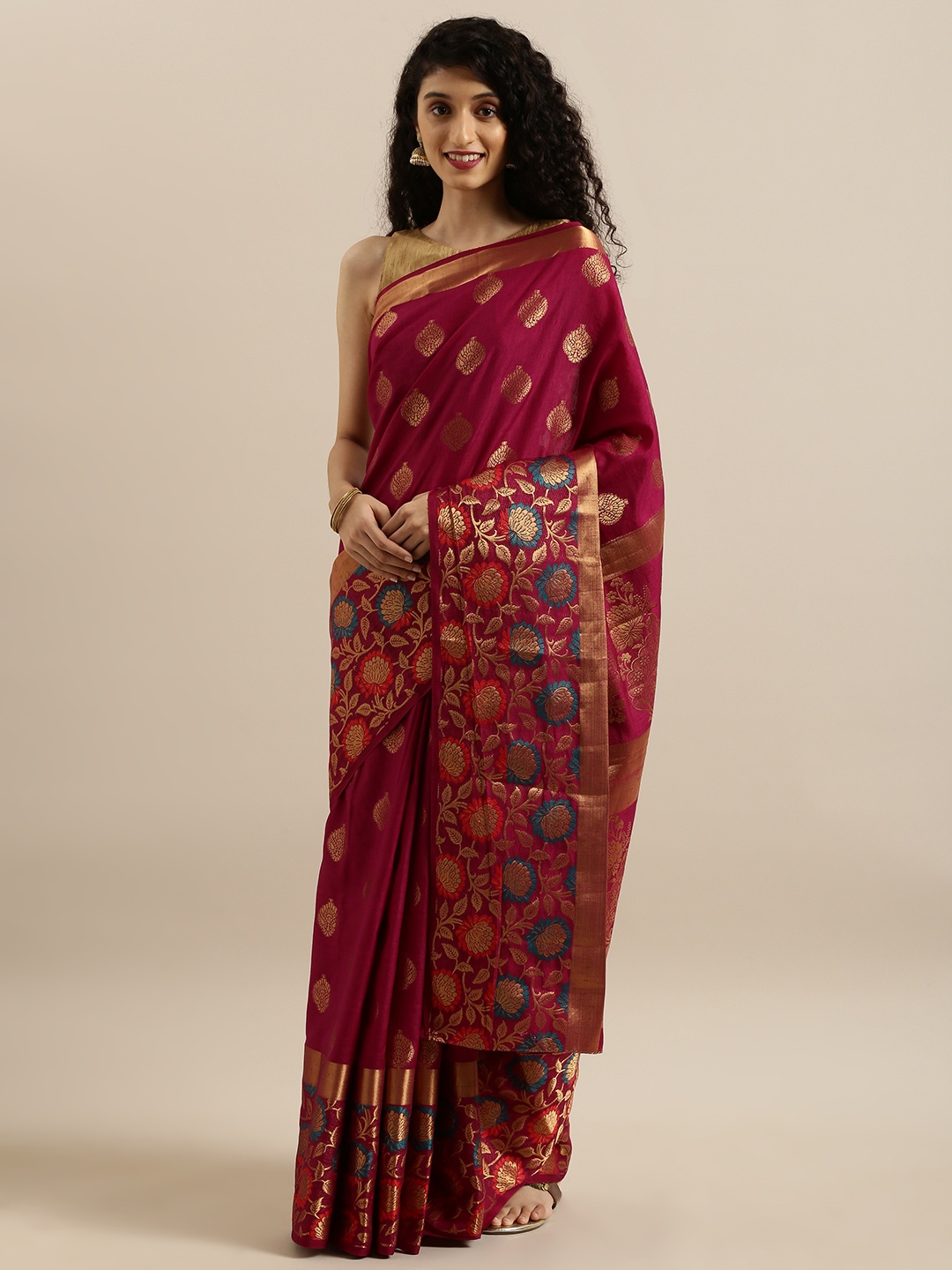 

MIMOSA Magenta Pink & Gold-Toned Art Silk Woven Design Kanjeevaram Saree