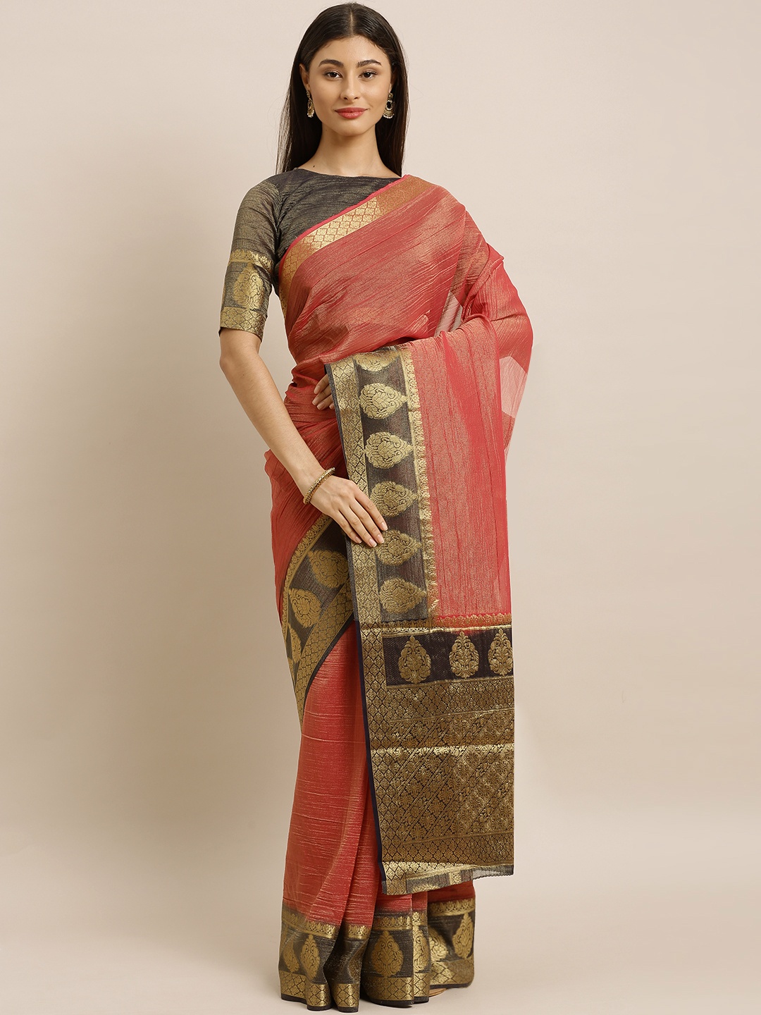 

MIMOSA Coral Red Art Silk Solid Kanjeevaram Saree