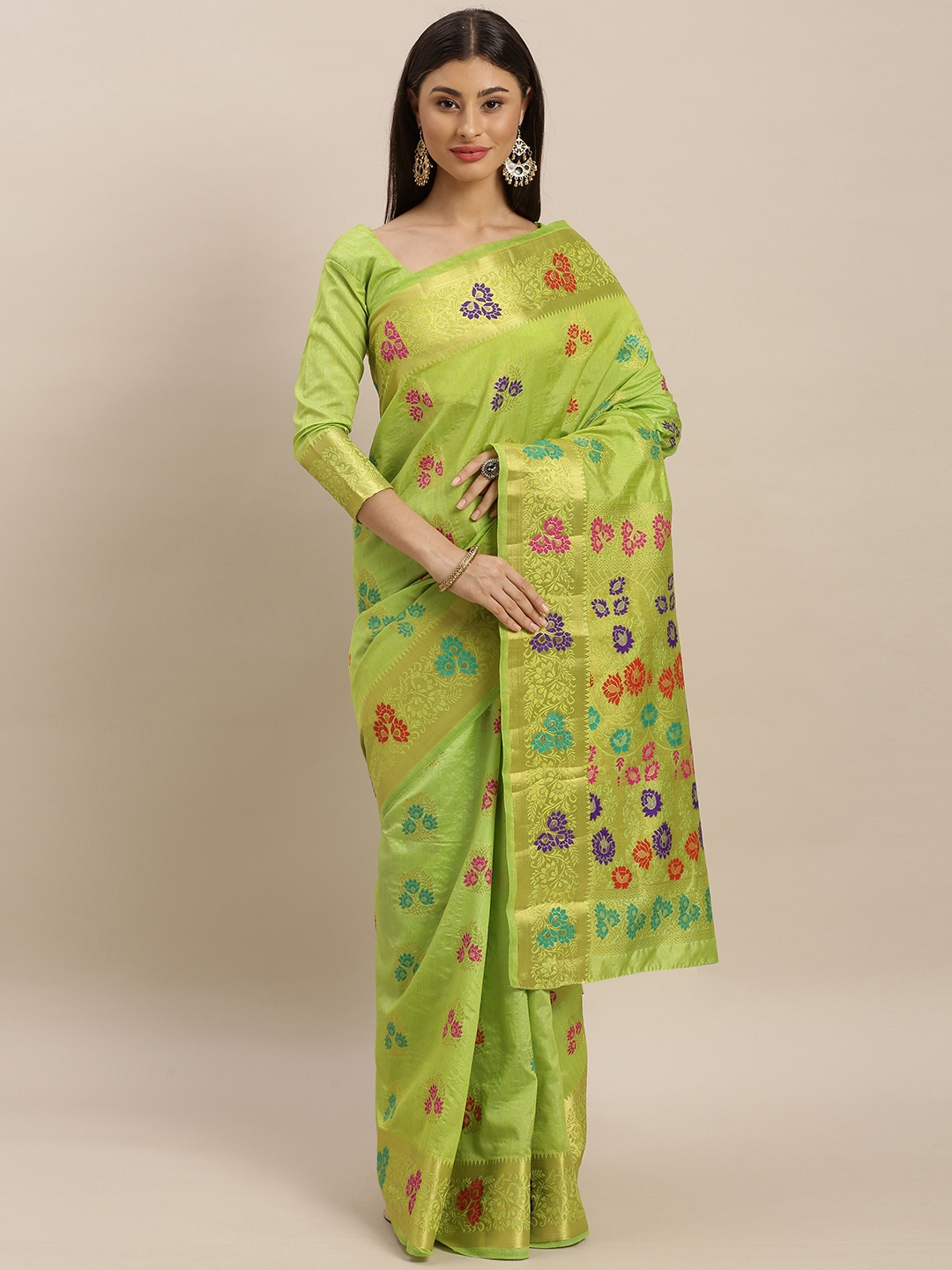 

MIMOSA Lime Green & Red Art Silk Woven Design Dharmavaram Saree