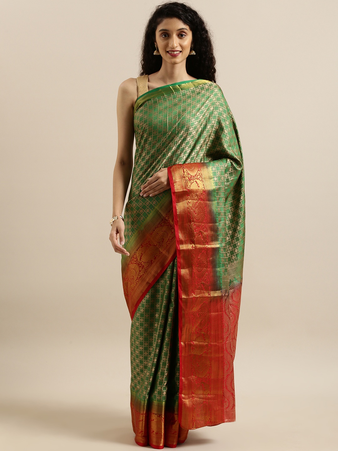 

MIMOSA Green & Red Art Silk Embellished Kanjeevaram Saree