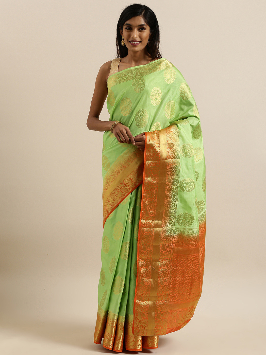 

MIMOSA Sea Green & Orange Art Silk Woven Design Kanjeevaram Saree