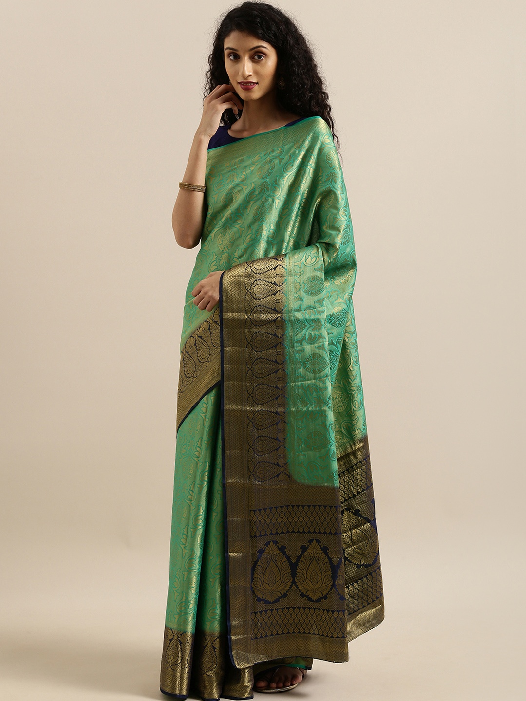 

MIMOSA Green & Navy Blue Art Silk Woven Design Kanjeevaram Saree