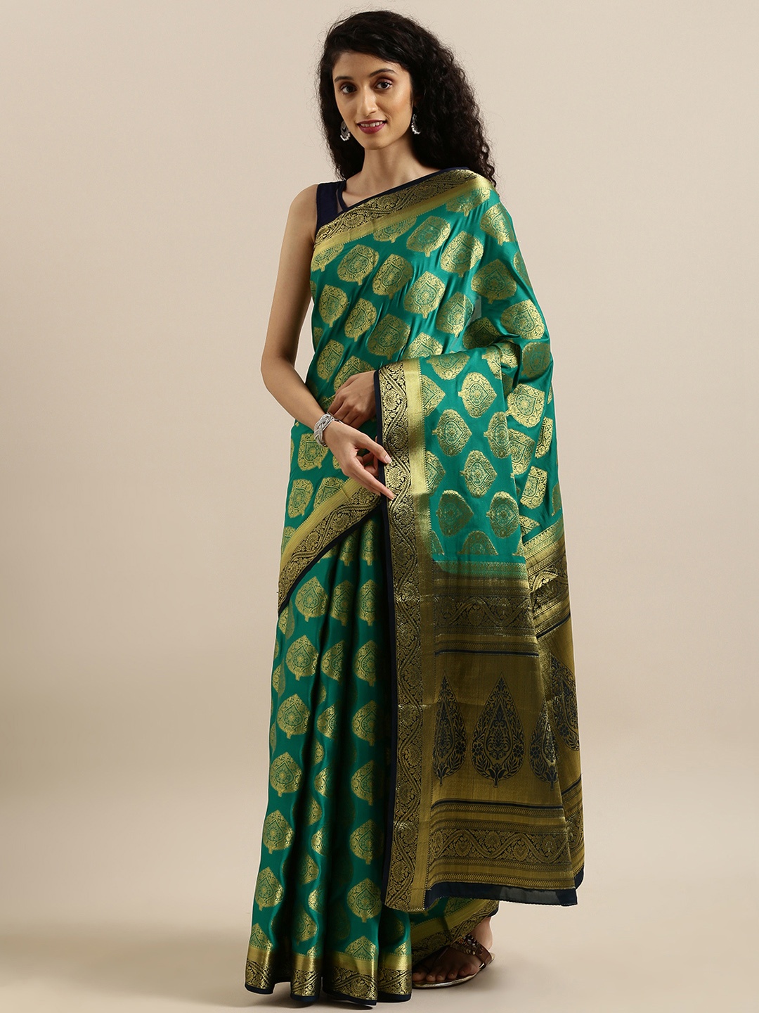 

MIMOSA Green & Gold-Toned Poly Crepe Woven Design Mysore Silk Saree