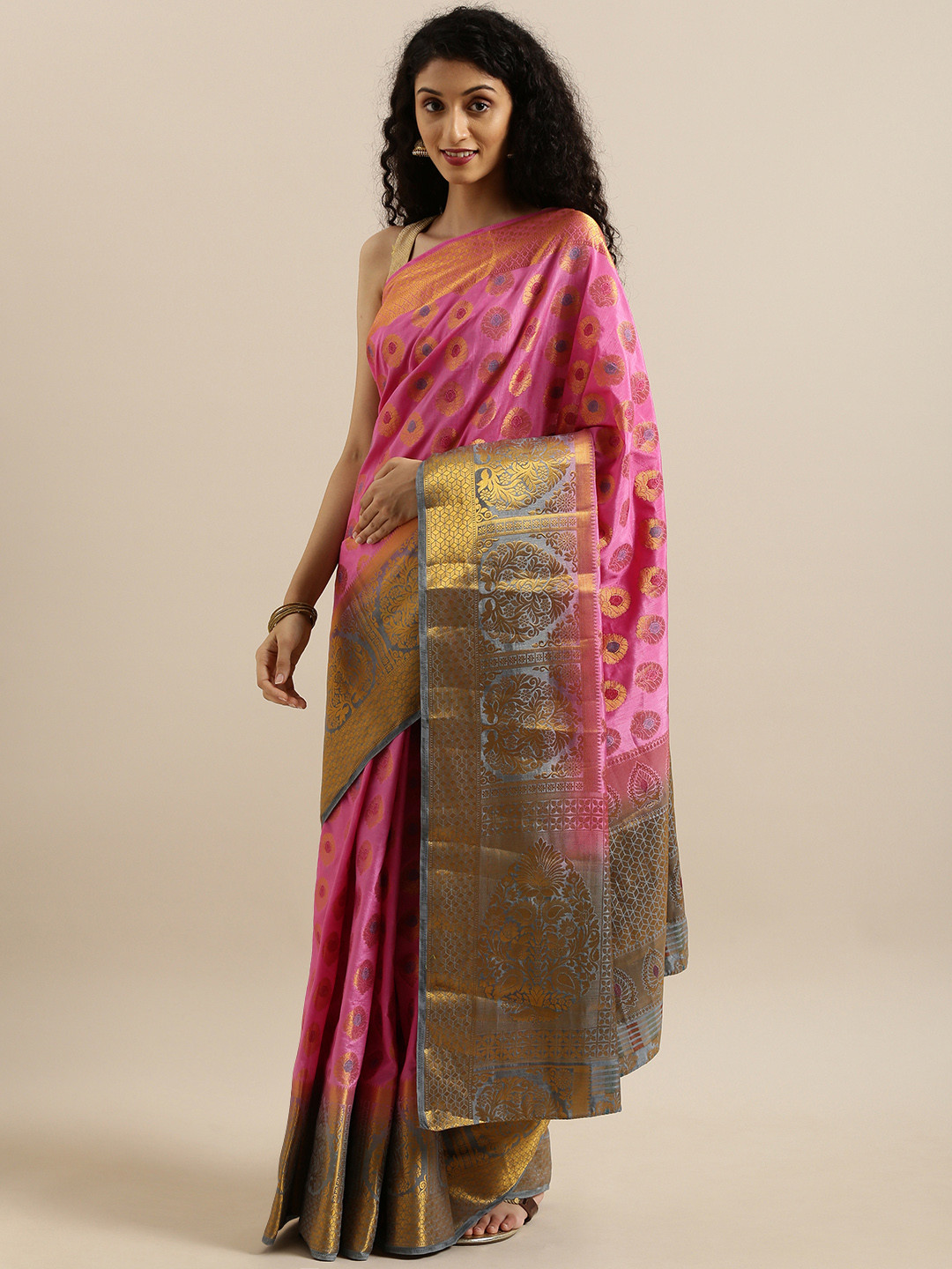 

MIMOSA Pink & Grey Art Silk Woven Design Kanjeevaram Saree