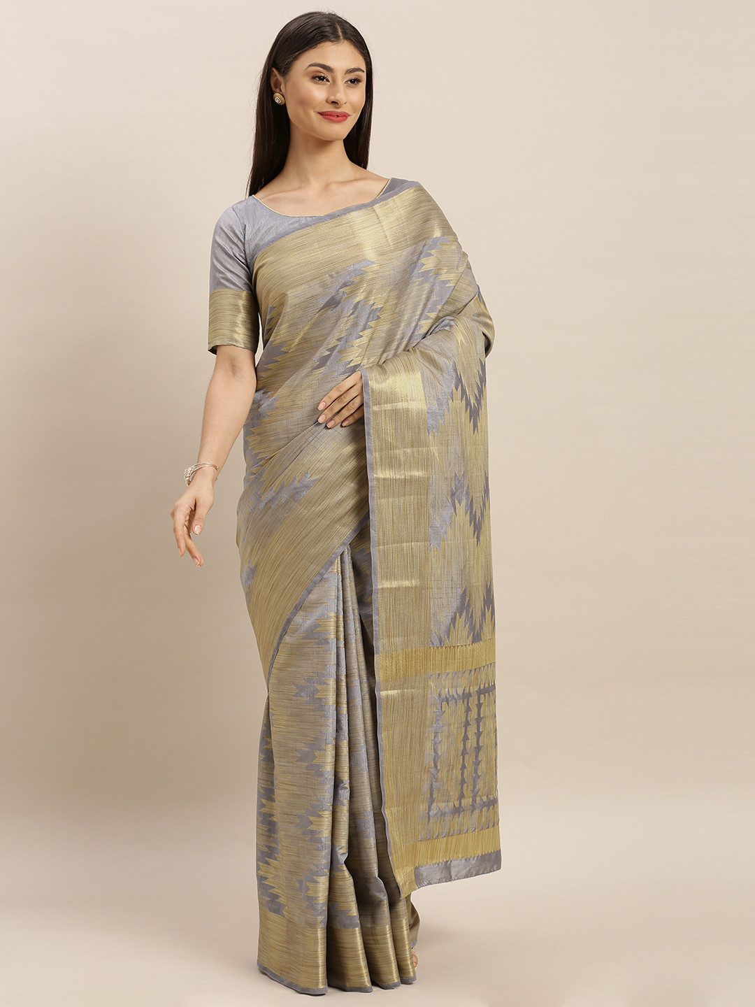 

MIMOSA Grey & Beige Art Silk Woven Design Kanjeevaram Saree